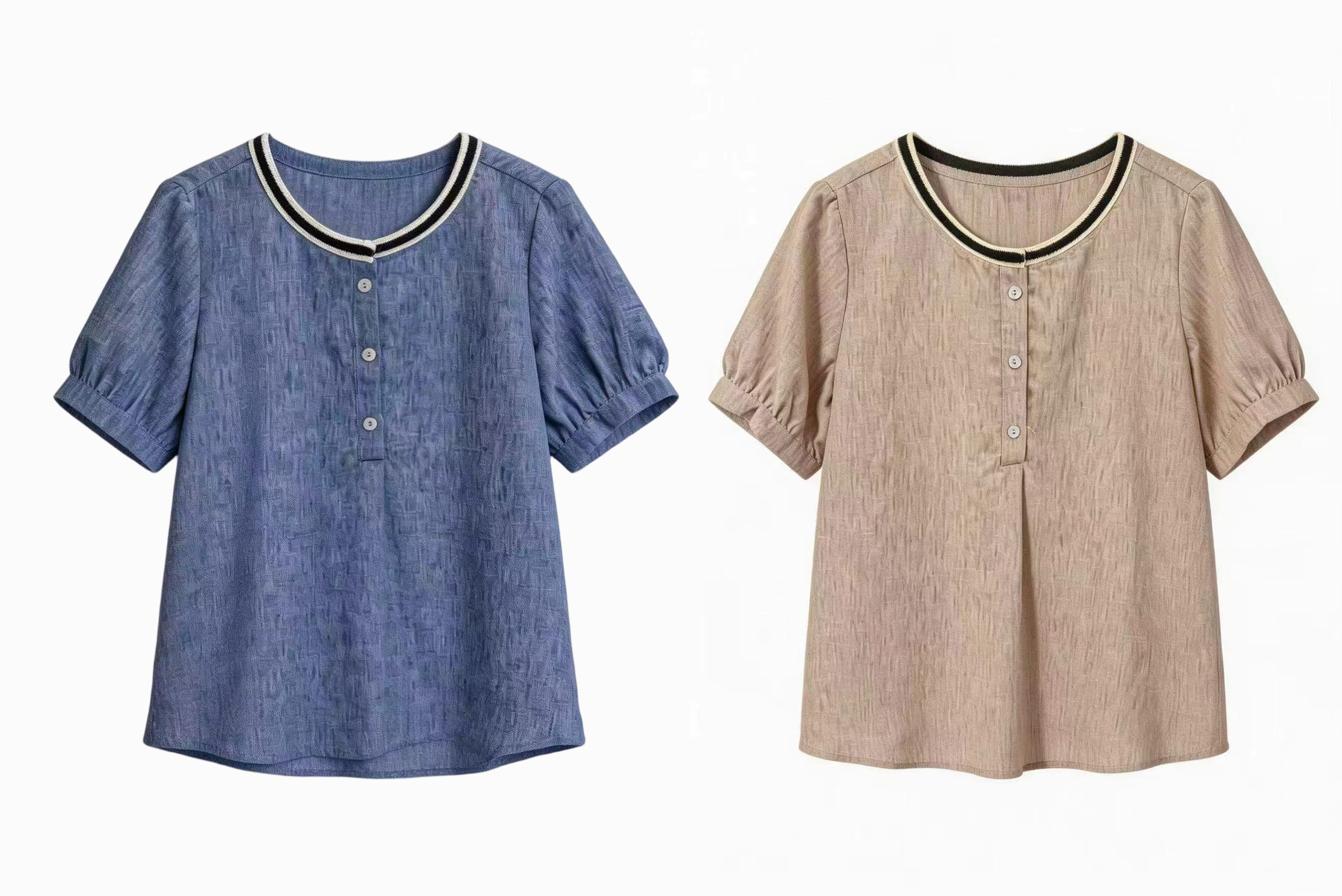 Elegant Linen-Blend Blouse with Contrast Ribbed Neckline AN-750016