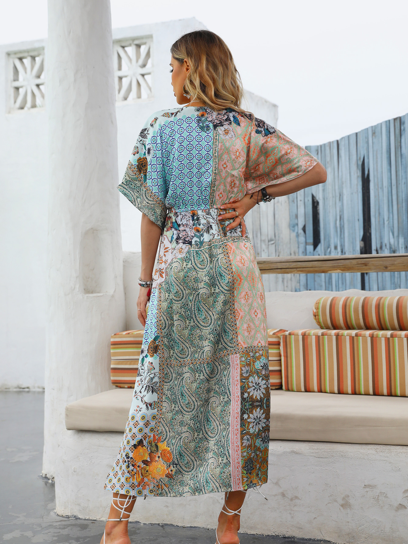 Women’s Boho Patchwork Print Slit Midi Maxi Dress W-32488
