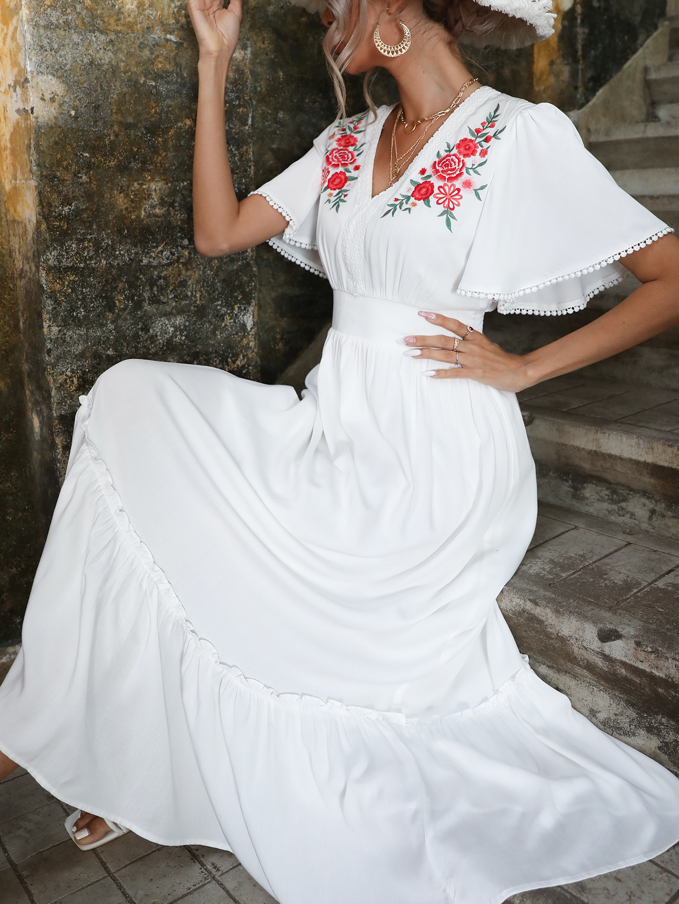 Women’s White Boho Floral Embroidered Midi Dress D-34408