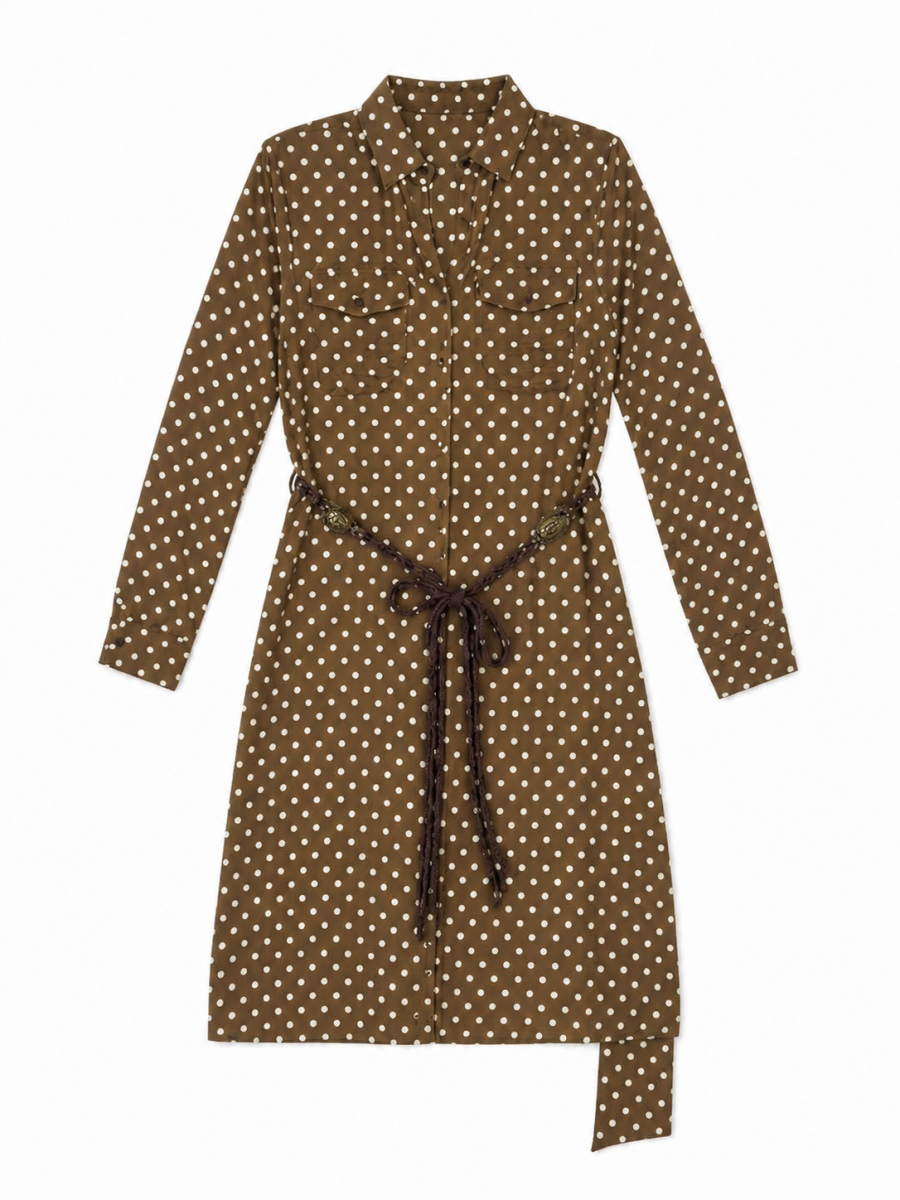 Vintage Polka‑Dot Belted Midi Dress W-43315