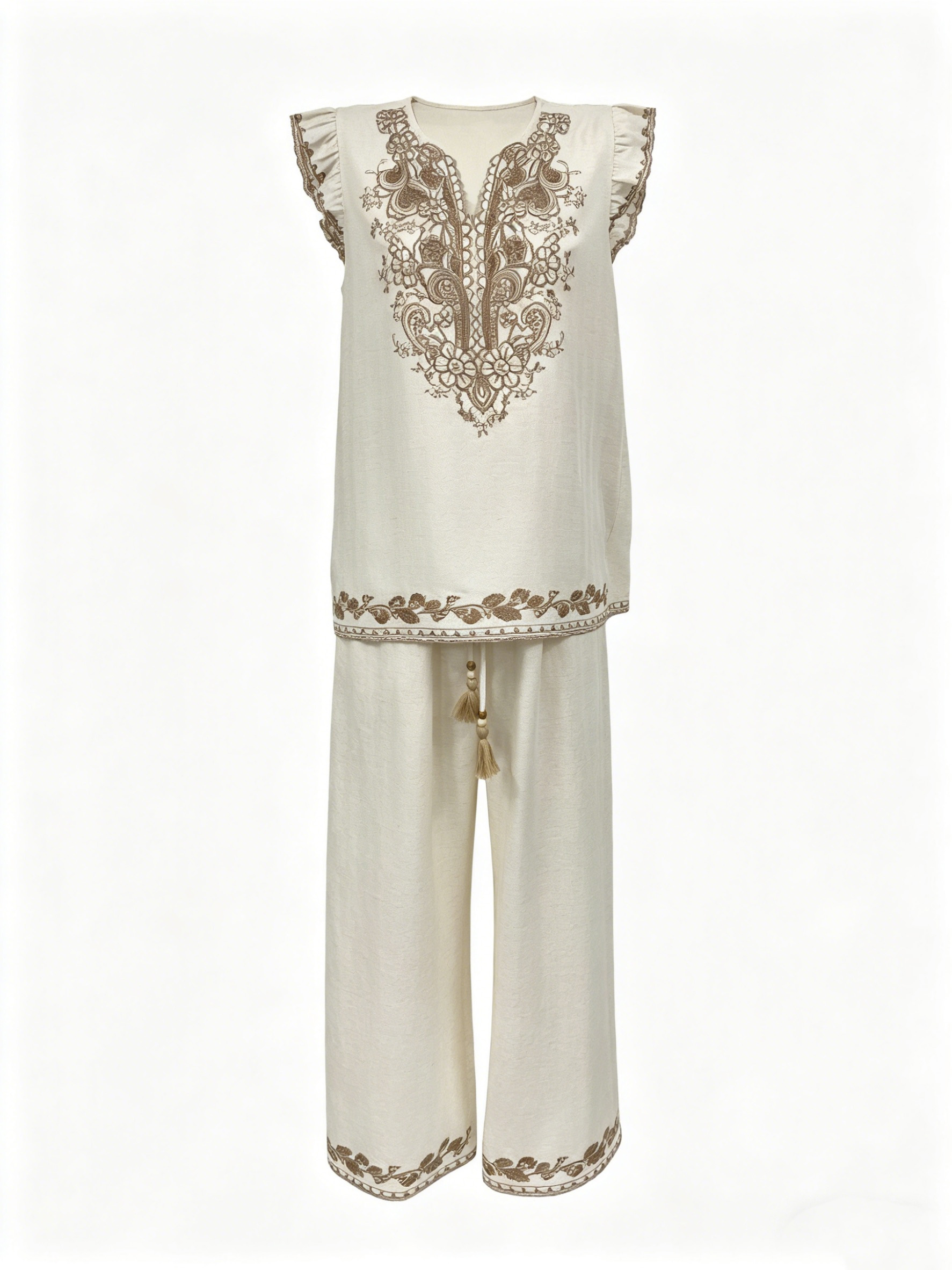 Boho Embroidered Linen Two Piece Set Women Wide Leg Pants Suit W-42934+W-42935
