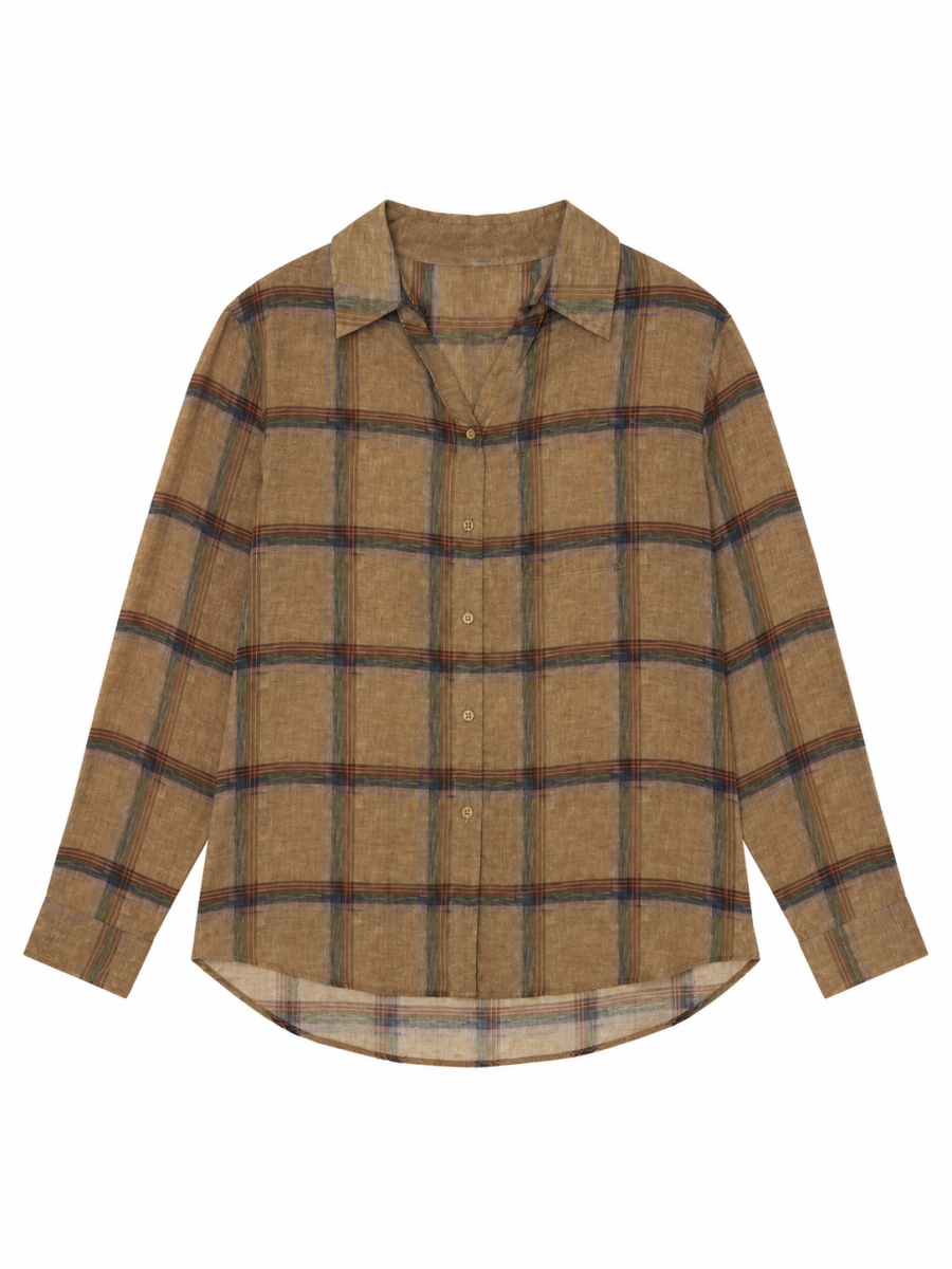 Women Retro Brown‑Tone Plaid Linen Shirt W-43490