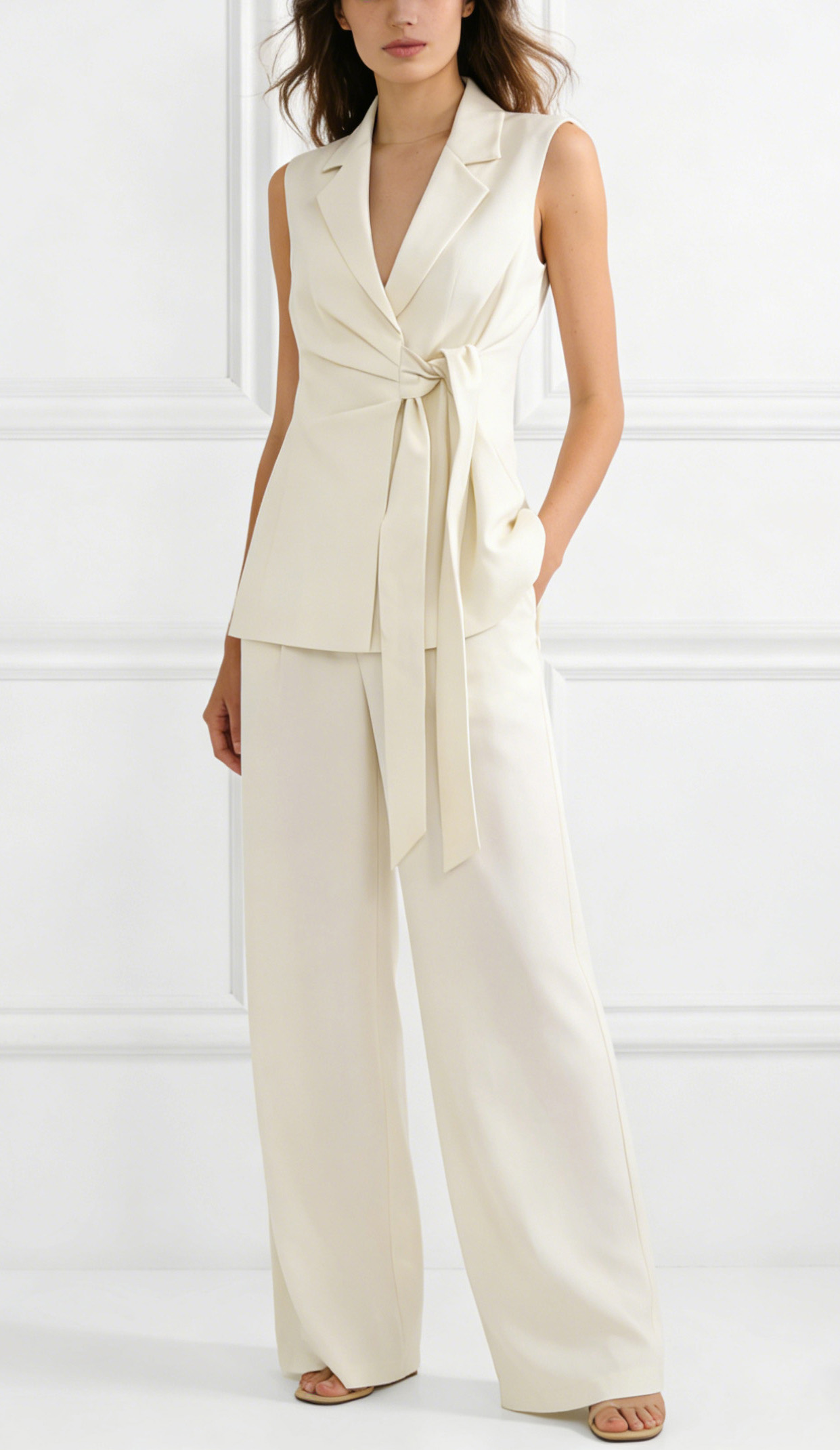 Cream White Sleeveless Blazer Vest Wide Leg Pants Set - Tie Waist Two Piece Outfit C-41320+C-41321