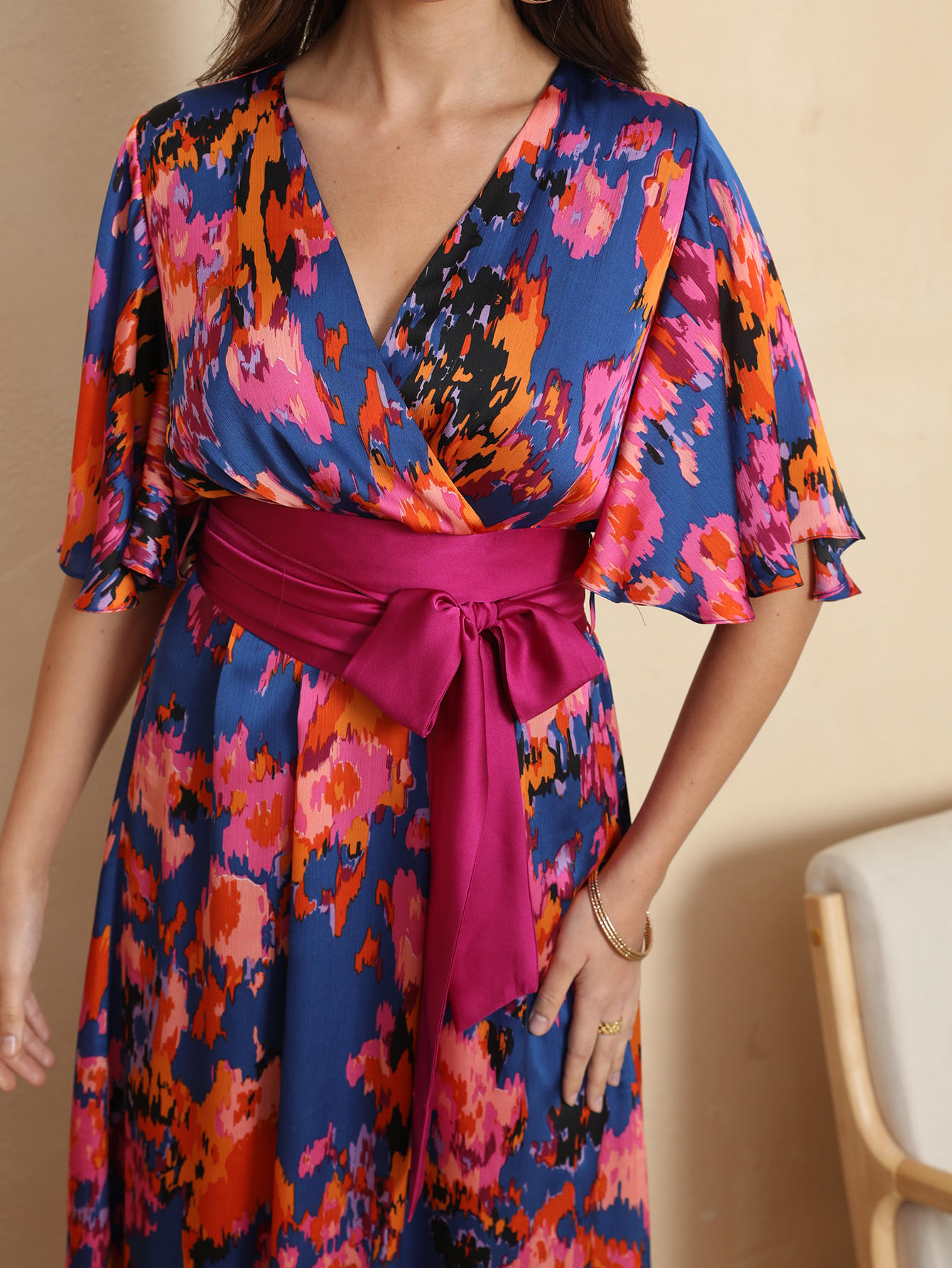 Vibrant Floral Wrap Belted Flutter Sleeve Maxi Dress W-32906