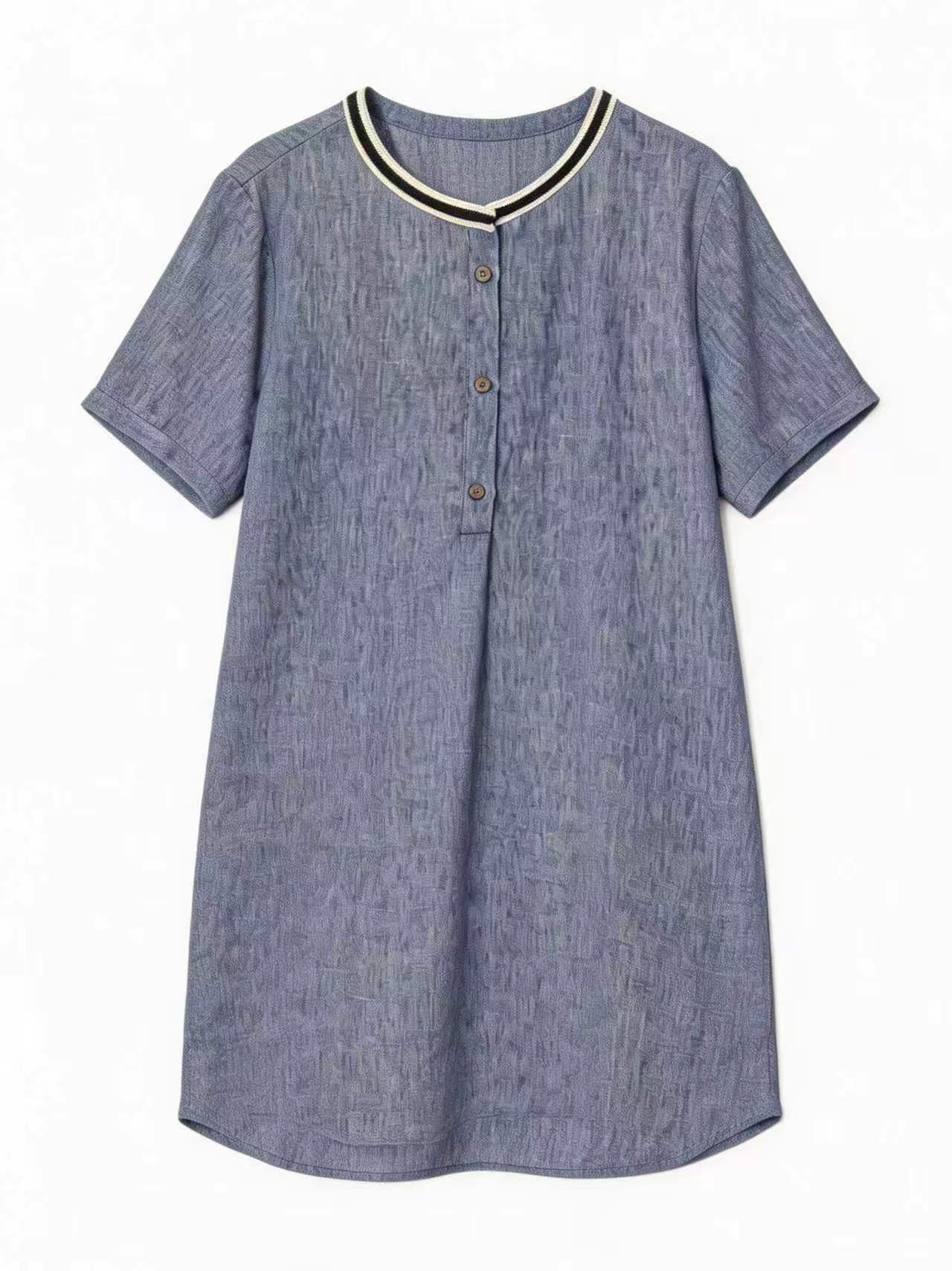 Blue Linen-Blend Tunic Dress with Contrast Neckline Trim AN-750015