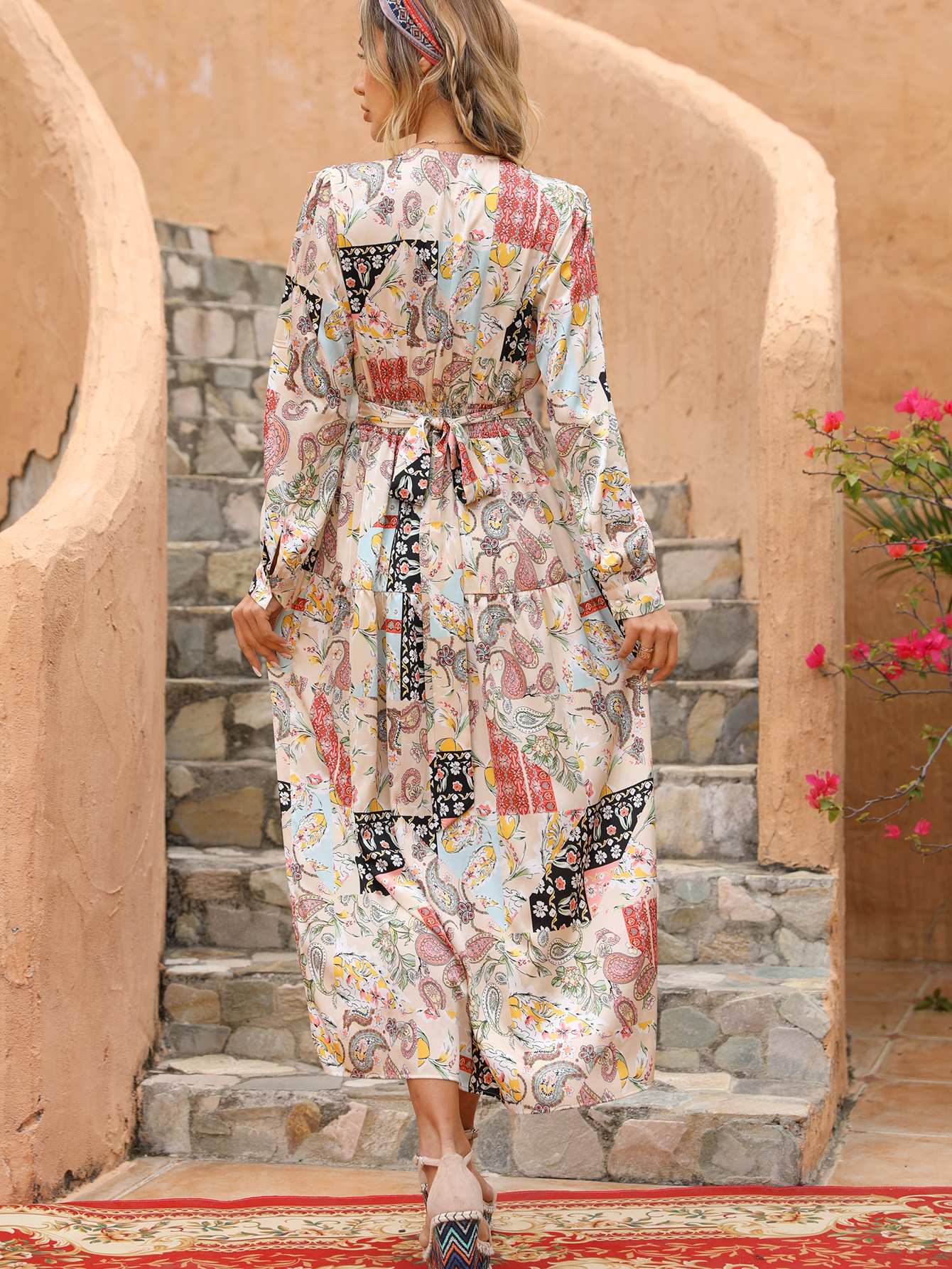 Boho Patchwork V-Neck Smocked Waist Maxi Dress W-33442