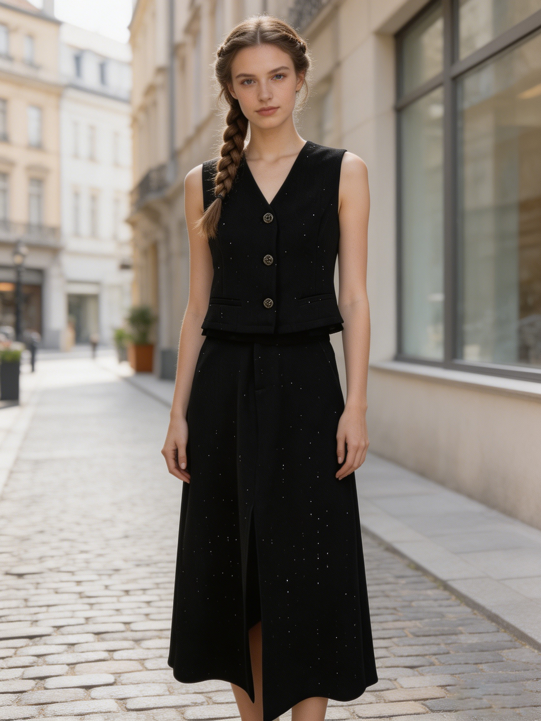 Vintage Chanel Style Cropped Waistcoat Trouser Suit Women Glitter Textured Fabric Set C-41405+C-41406