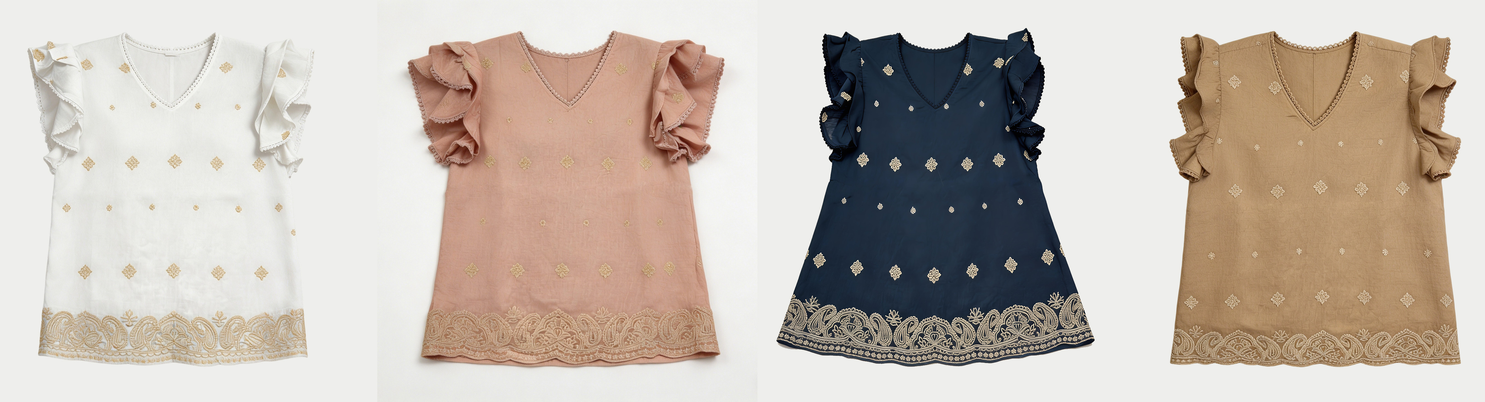 Linen-Blend Embroidered Blouse with Ruffled Sleeves AN-710001