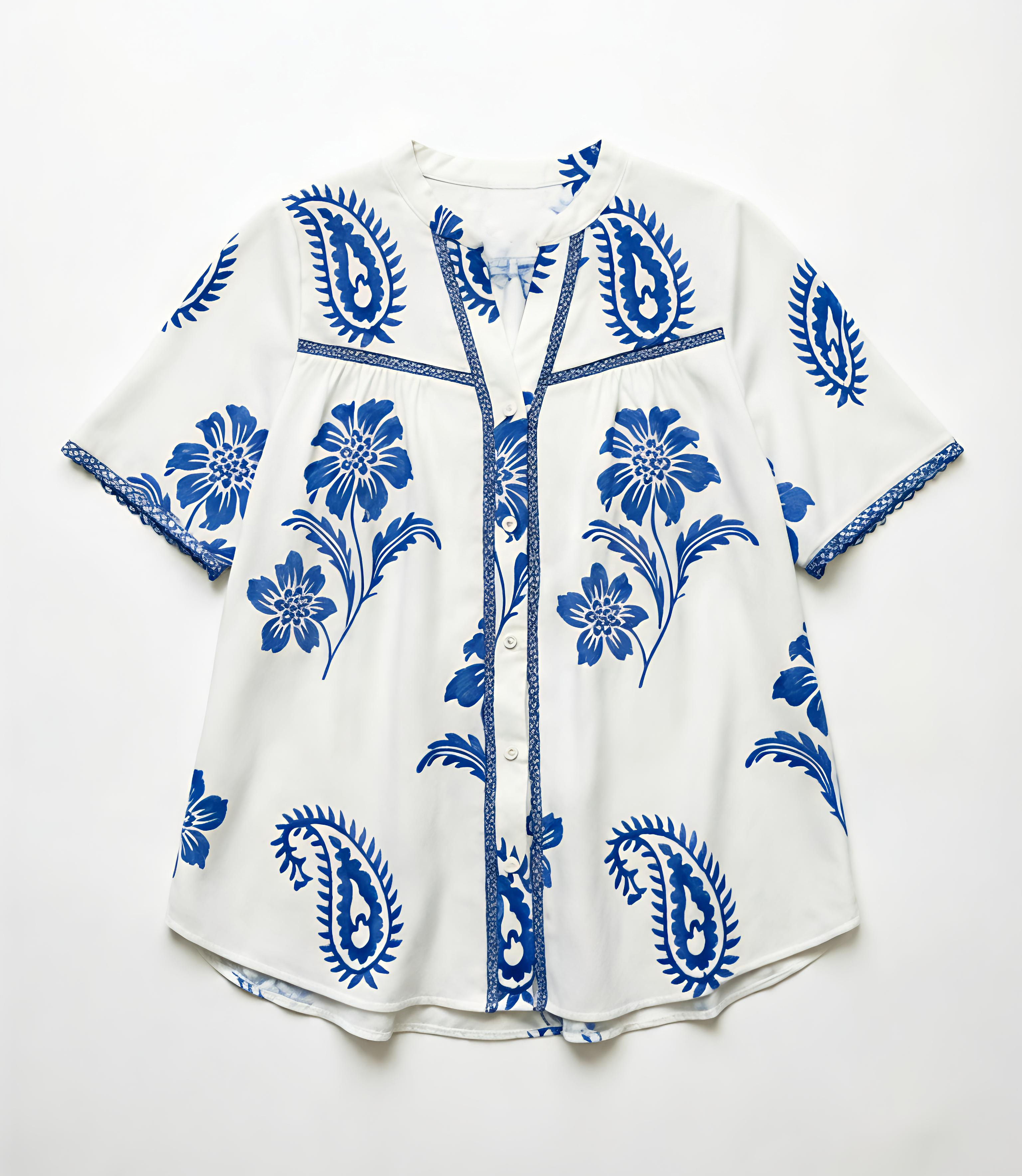 Boho White Paisley Print Shirt - Ruffle Sleeve Vacation Top  W-42744