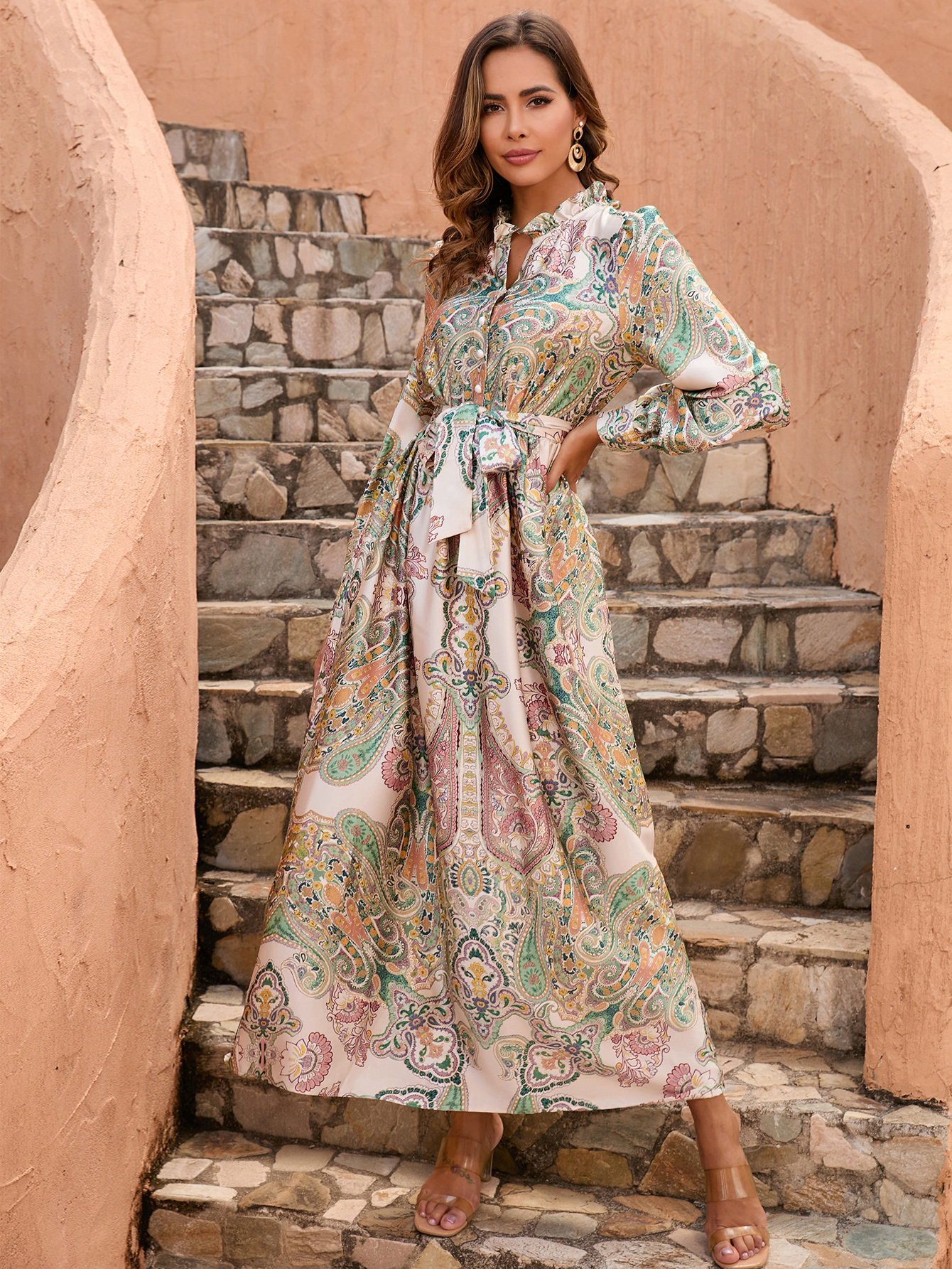 Women’s Paisley Print Boho Tie Waist Maxi Dress M-33856