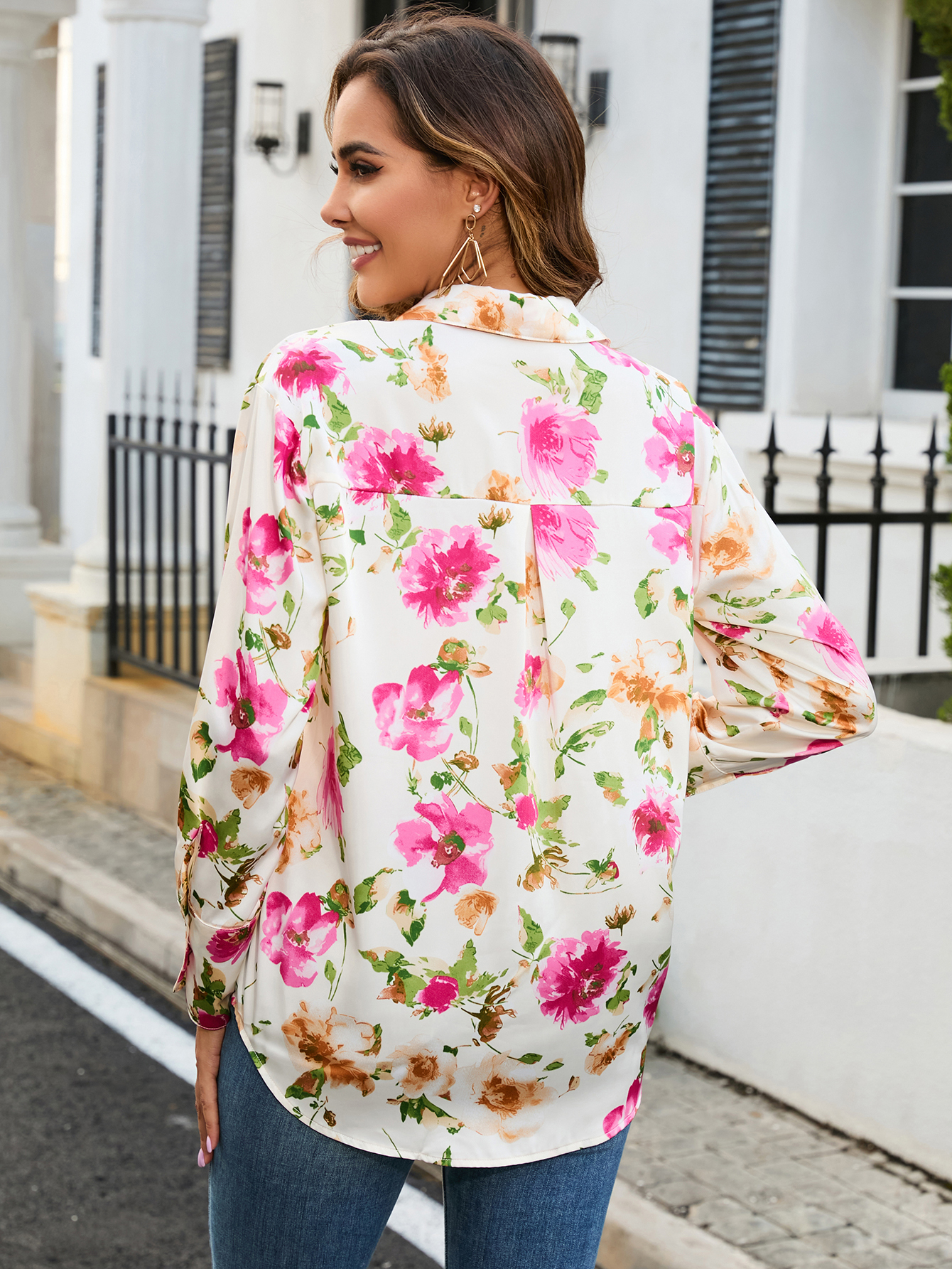 Women’s Watercolor Floral Button Down Shirt Blouse FCT-D32155