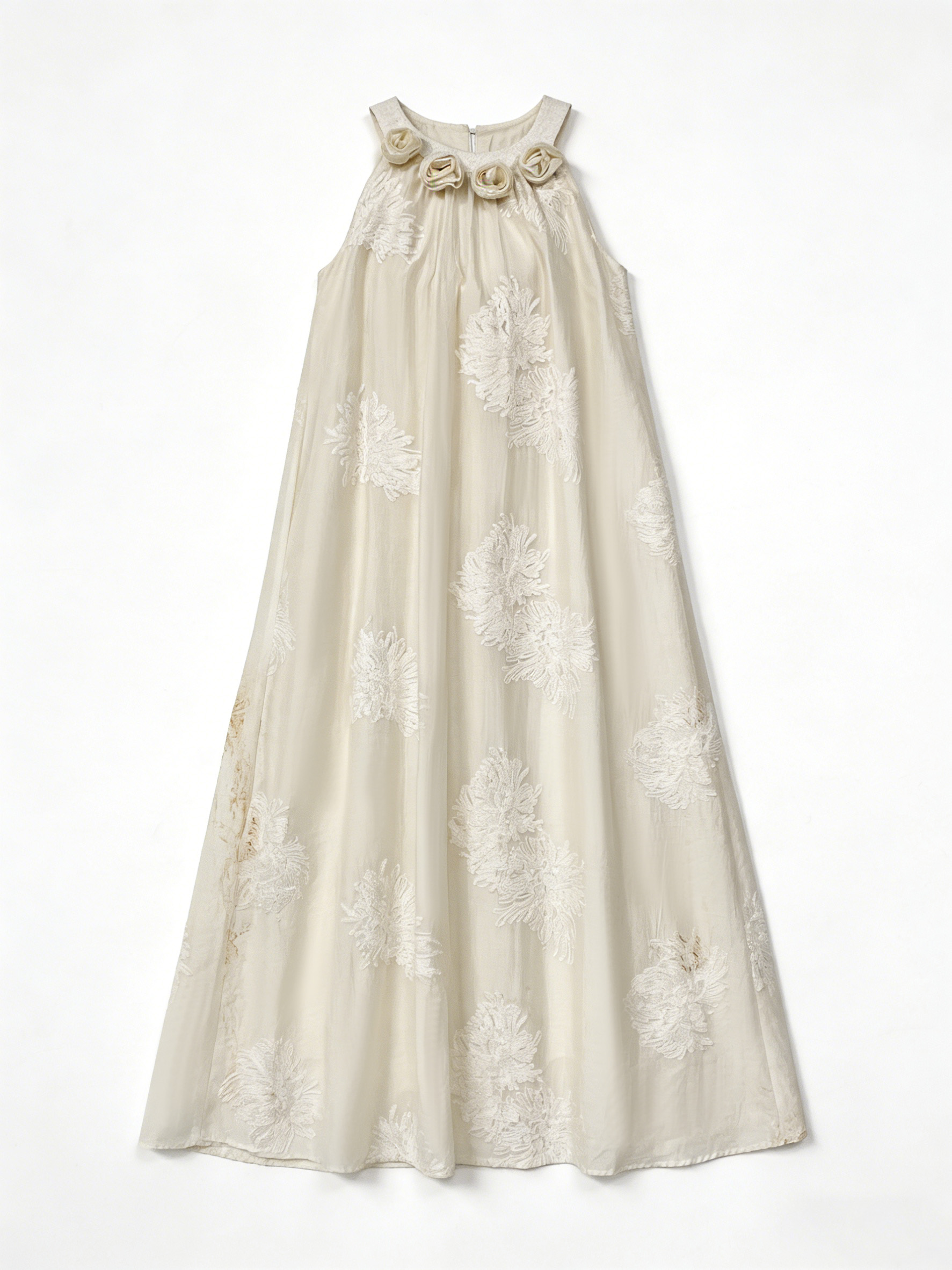 White Floral Embroidered Halter Neck Maxi Dress - Boho Vacation Dress W-40377