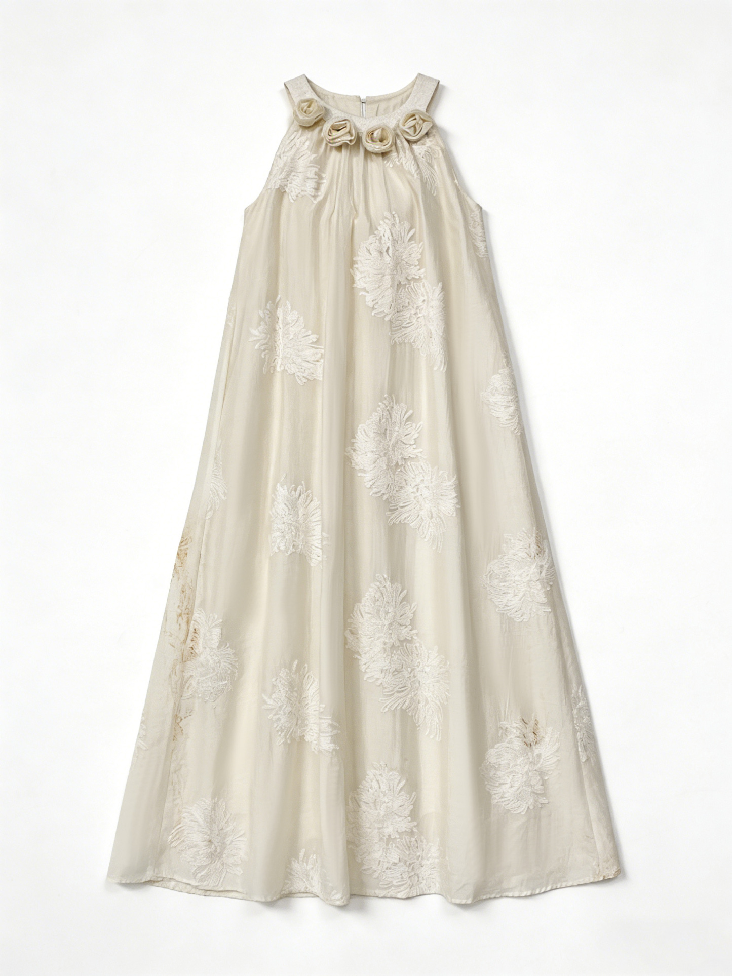 White Floral Embroidered Halter Neck Maxi Dress - Boho Vacation Dress W-40377