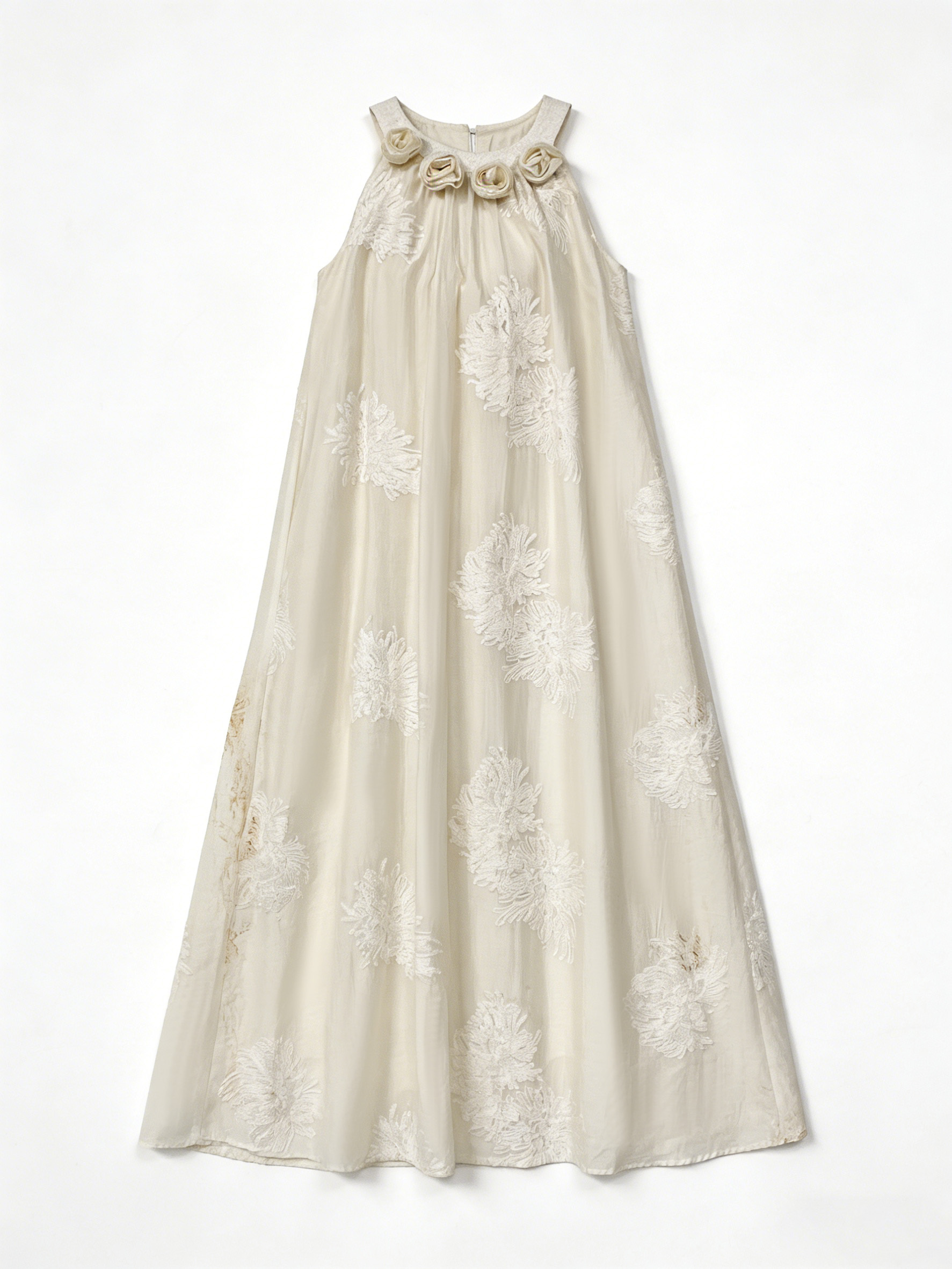 White Floral Embroidered Halter Neck Maxi Dress - Boho Vacation Dress W-40377