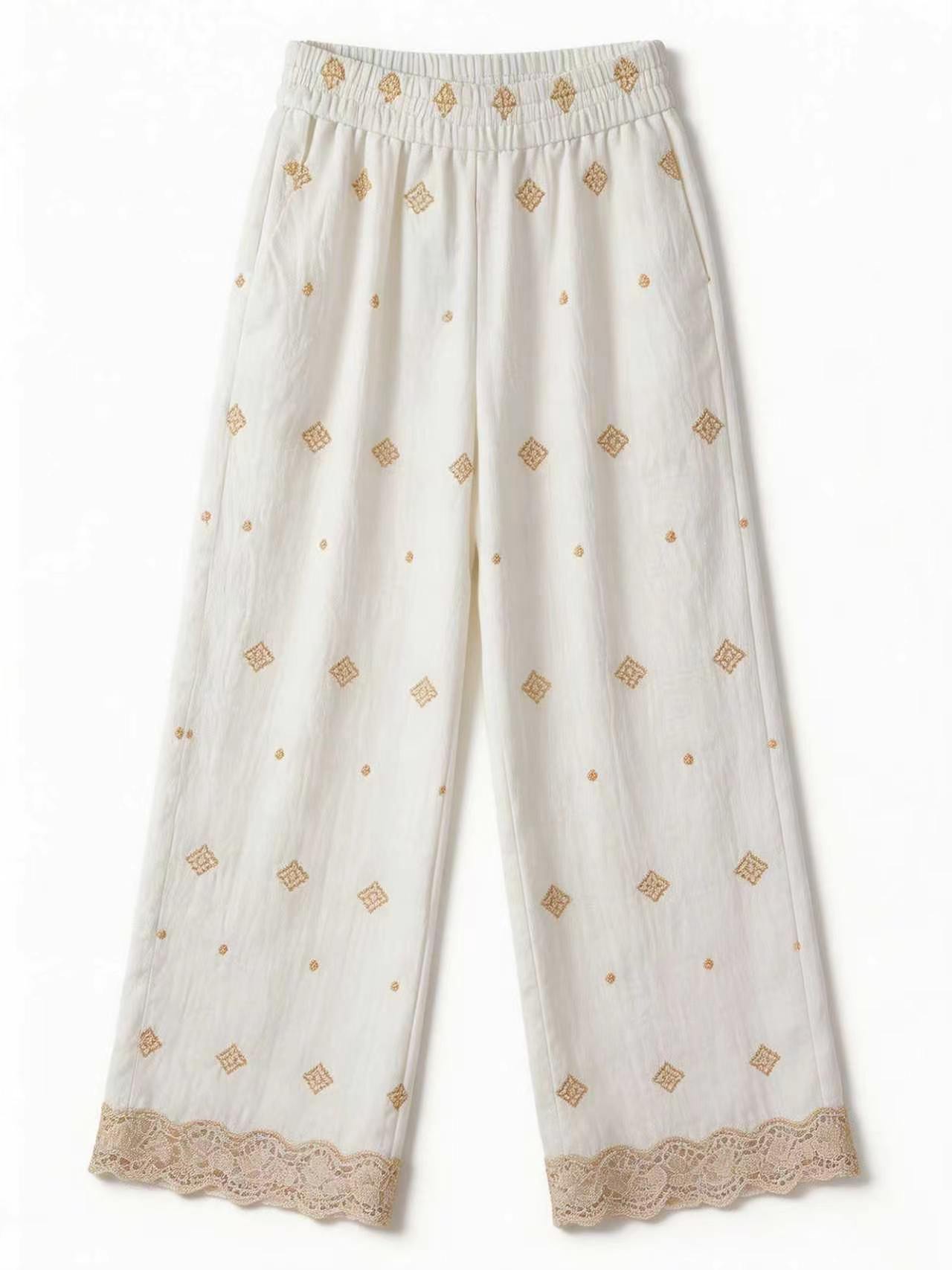 Minimalist High-Waisted Embroidered Wide-Leg Trousers AN-710002