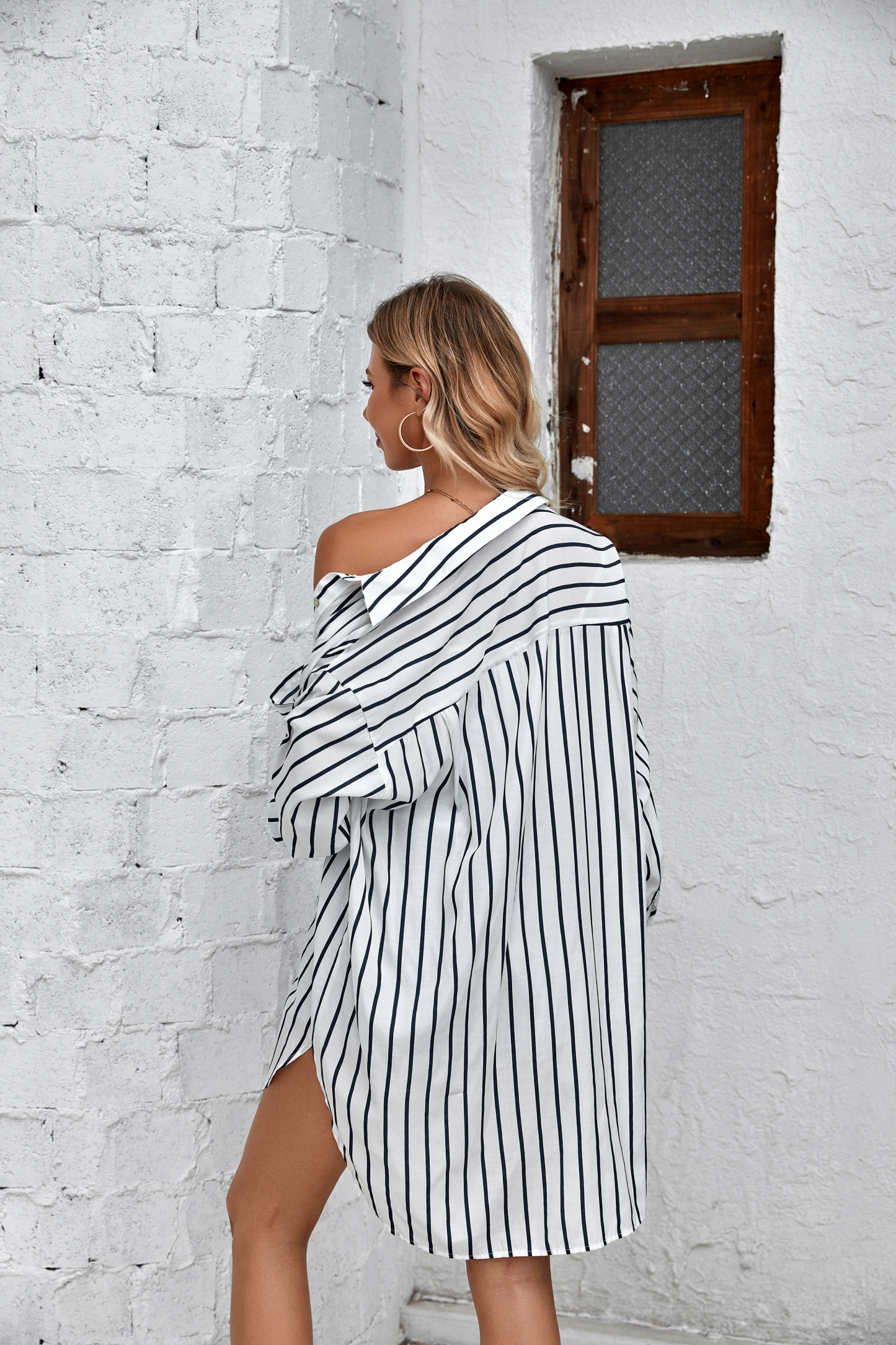 Women’s Striped Loose Fit Button Down Shirt Dress FCT-DY21270