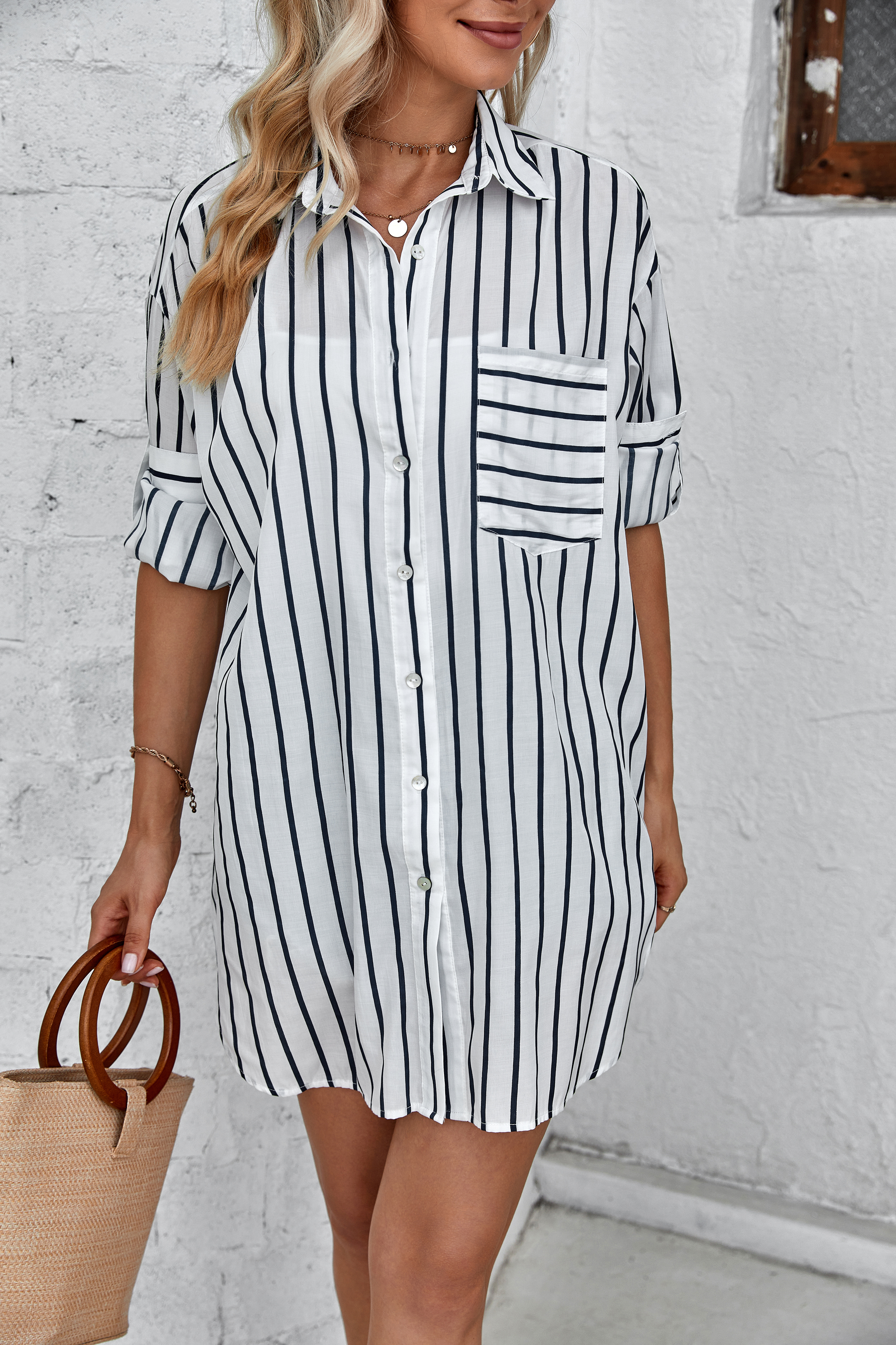 Women’s Striped Loose Fit Button Down Shirt Dress FCT-DY21270