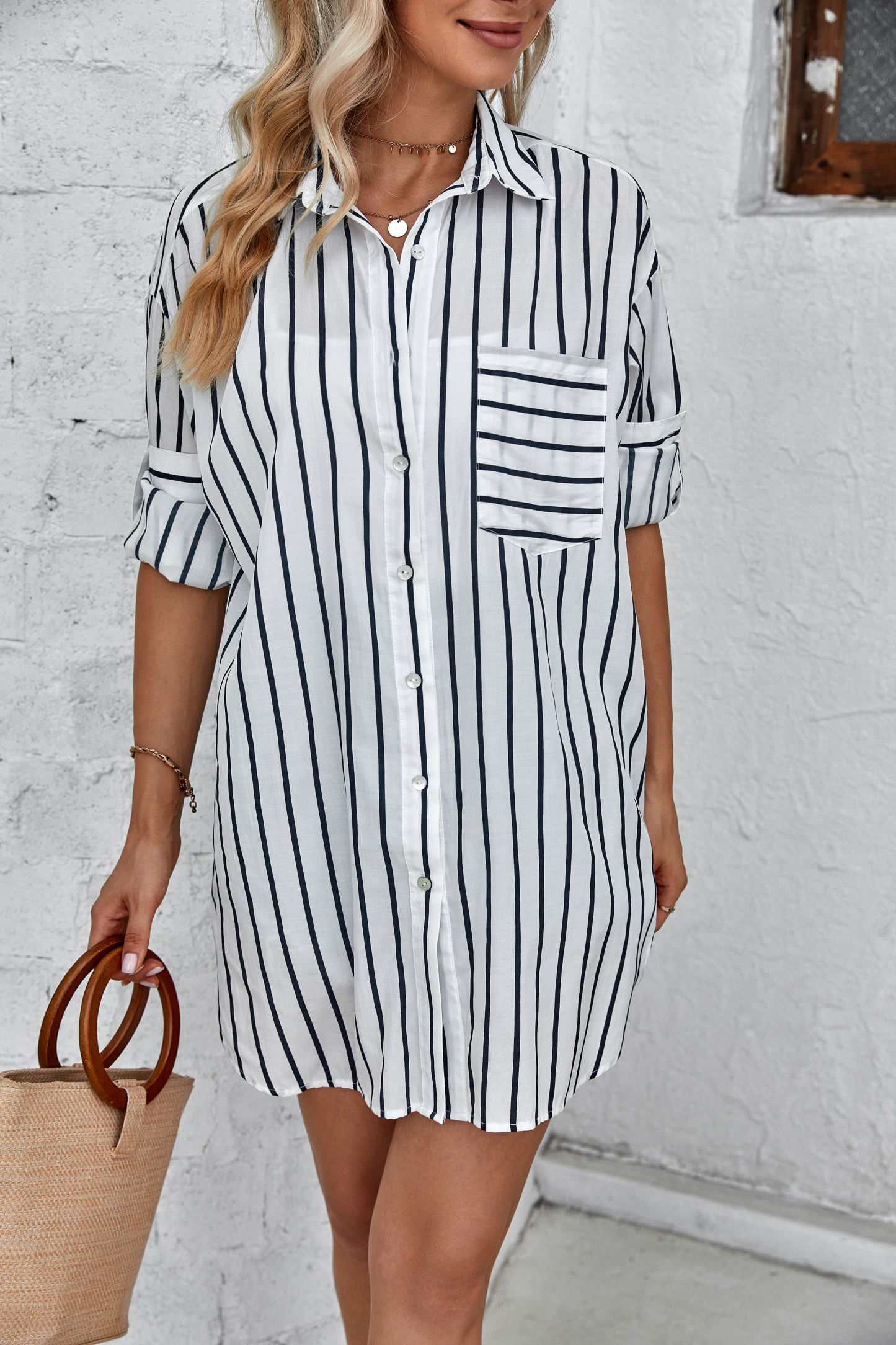 Women’s Striped Loose Fit Button Down Shirt Dress FCT-DY21270