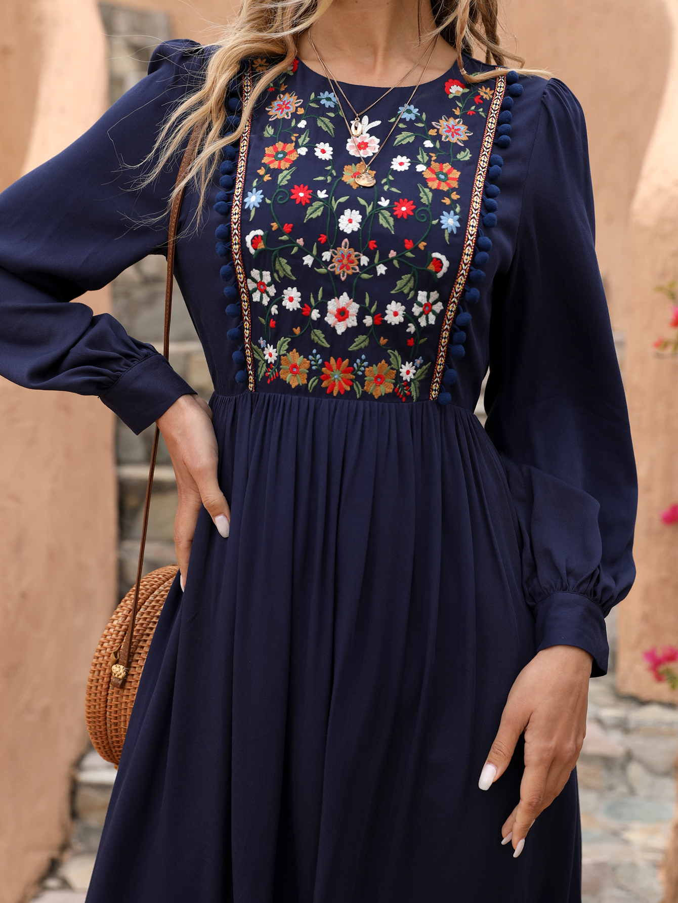 Bohemian Embroidered Midi Dress for Women – Long Sleeve Vintage Ethnic Dress D-34216