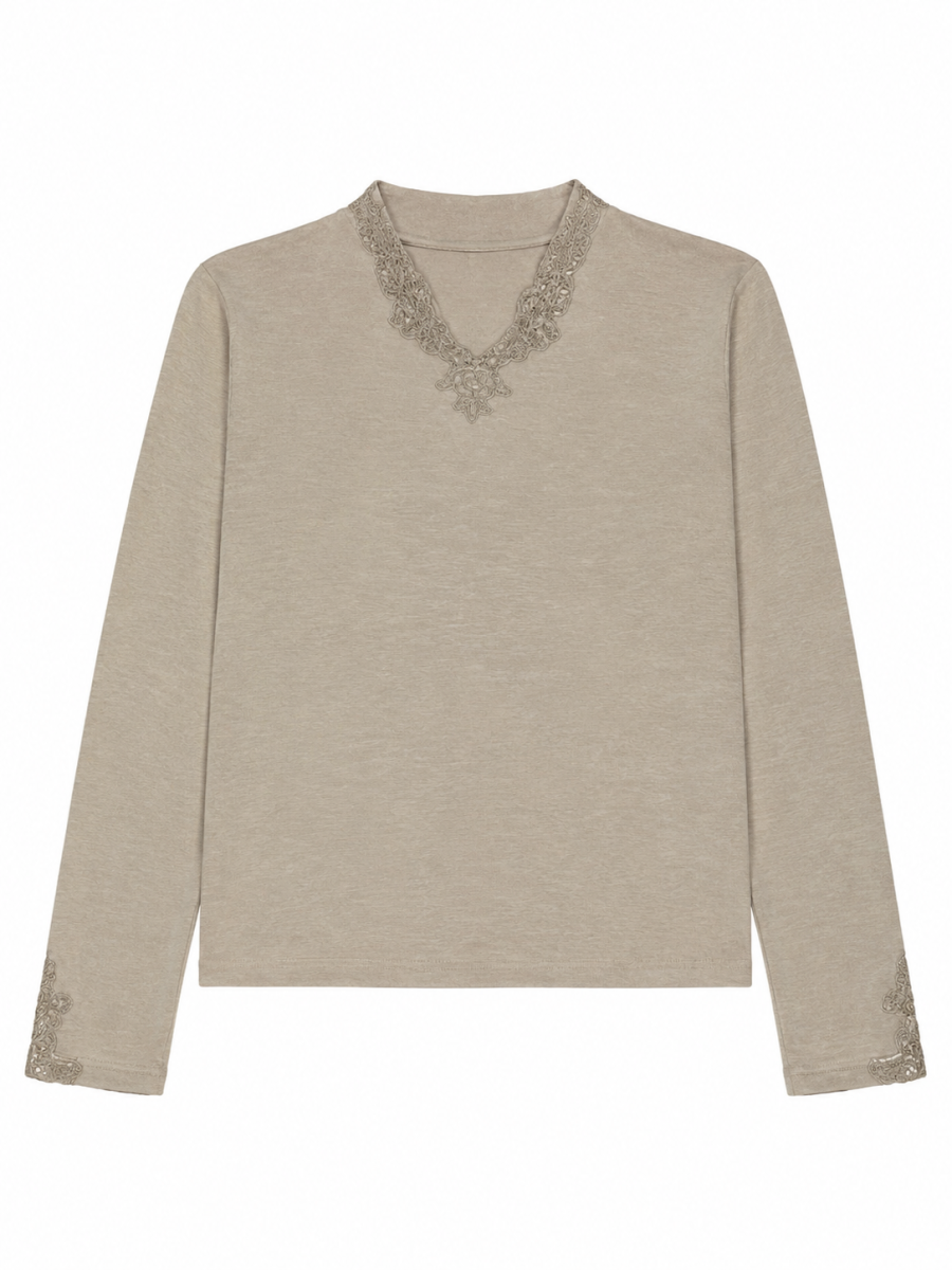 Women Khaki Linen‑Texture Long Sleeve Top W-42970