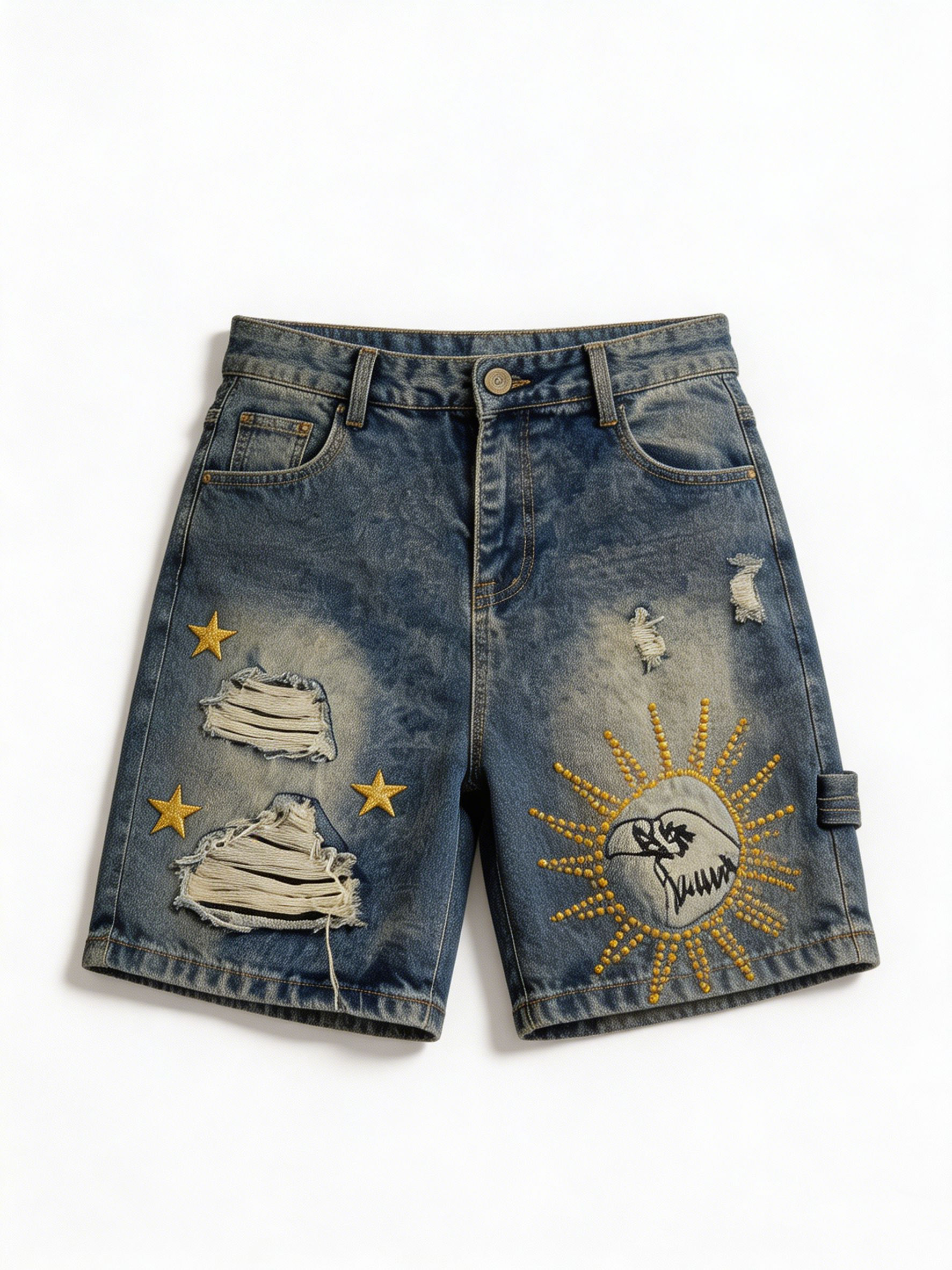 Y2K Streetwear Graphic Star Embroidery Ripped Denim Shorts Jorts ZY6078