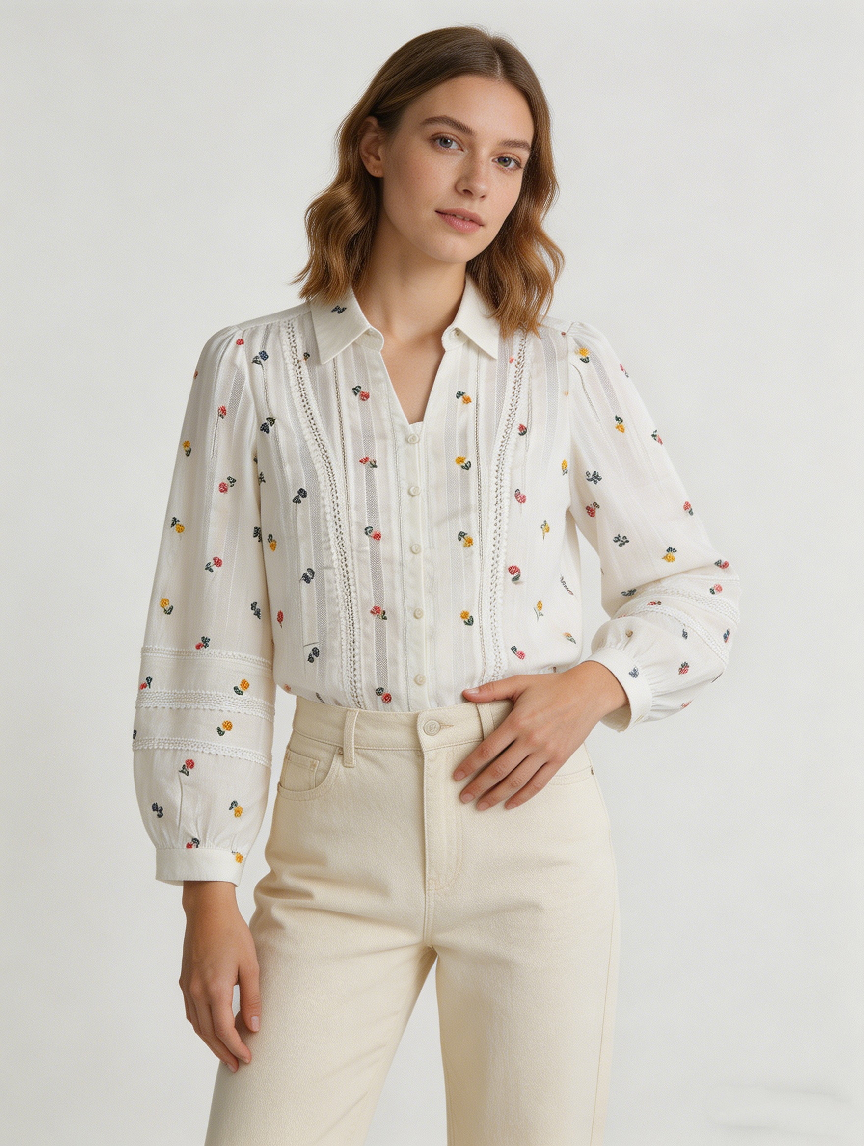 French Style White Floral Embroidered Shirt - Ruffle Sleeve Blouse  AN-710006