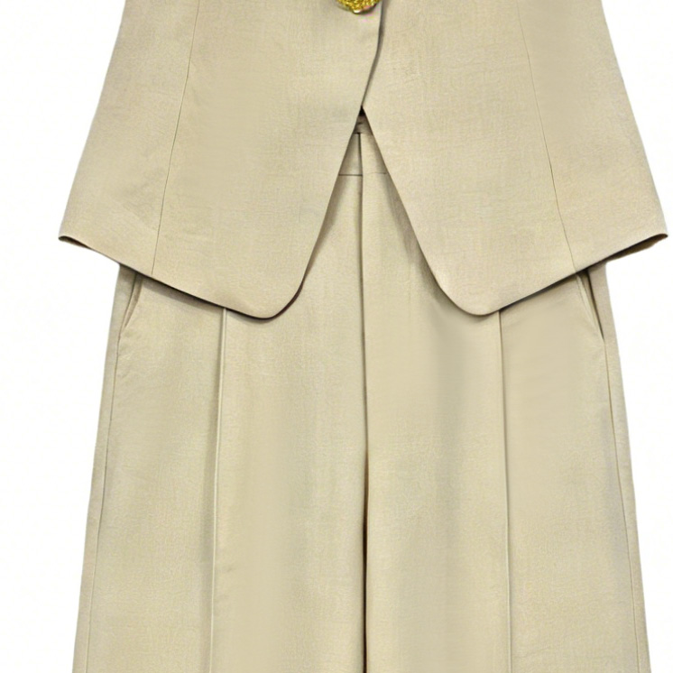 Beige Linen-Blend Sleeveless Vest Wide Leg Pants Set - Two Piece Office Outfit YB-002