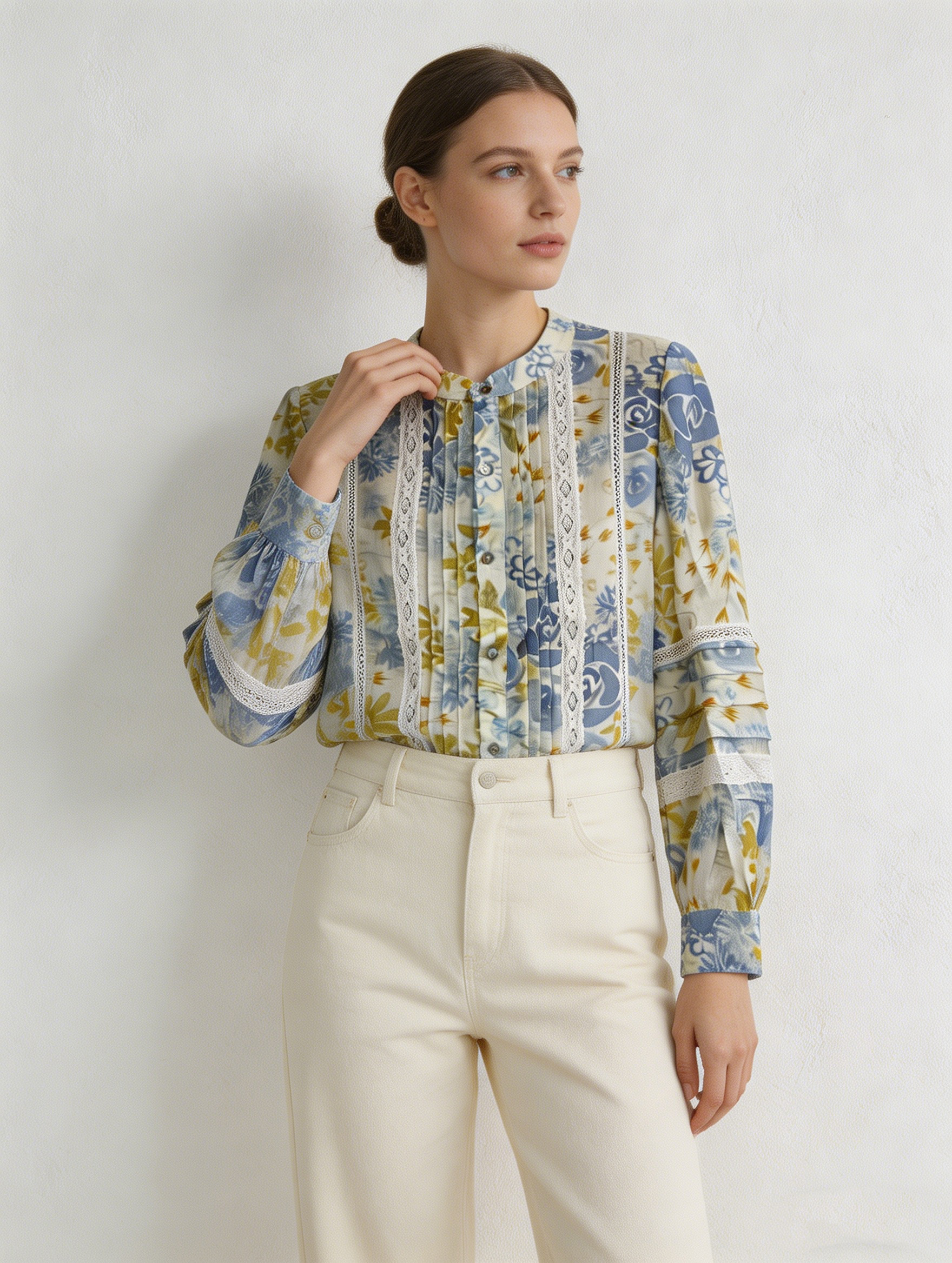 Boho  Floral Print Shirt - Lace Trim Relaxed Fit Blouse AN-710007