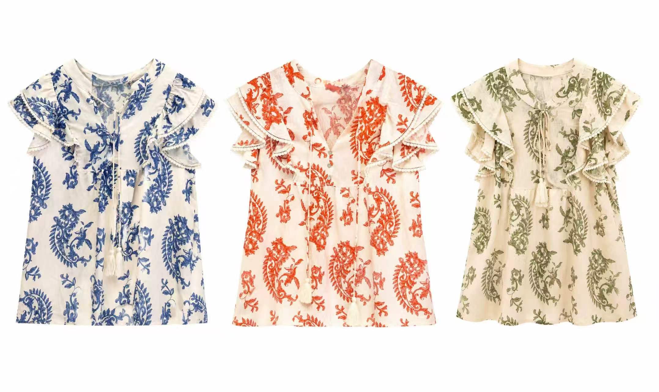 Boho Beige Paisley Print Blouse - Ruffle Sleeve Relaxed Fit Top  AN-710027