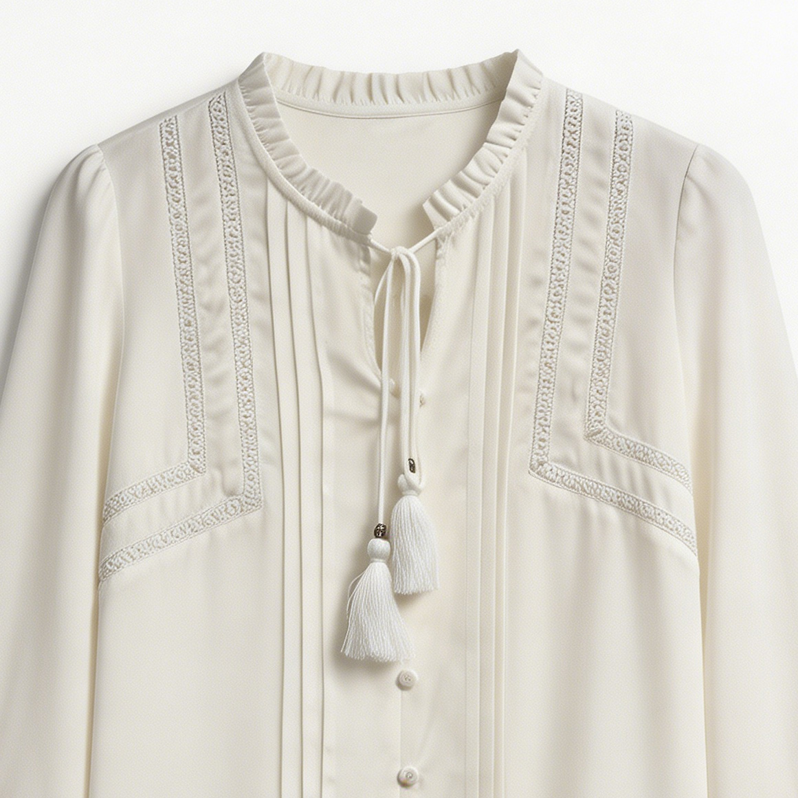 White Tassel Tie Ruffle Neck Blouse - Boho Long Sleeve Top Y-39781