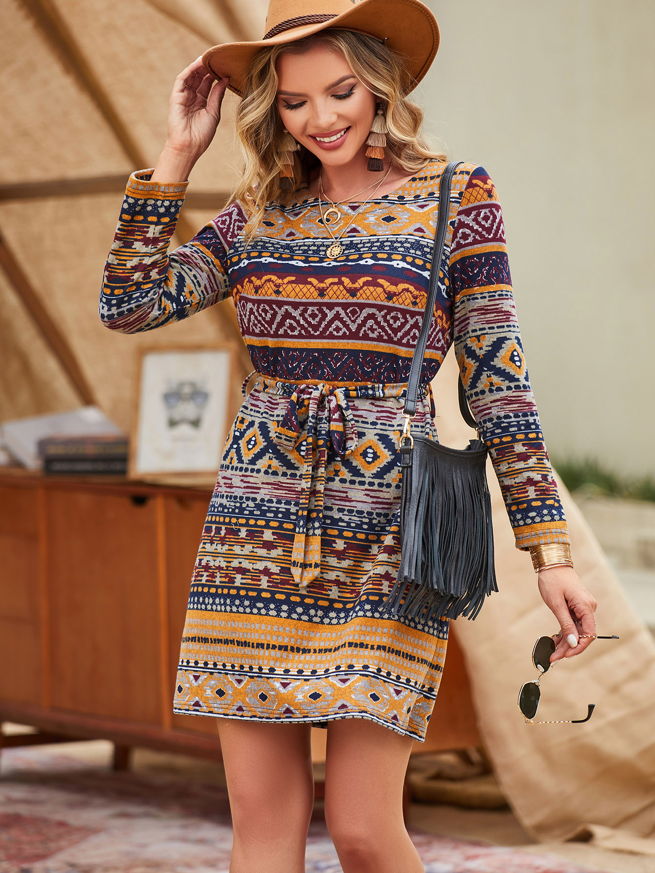 Women’s Boho Tribal Print Long Sleeve Drawstring Mini Dress M-33630