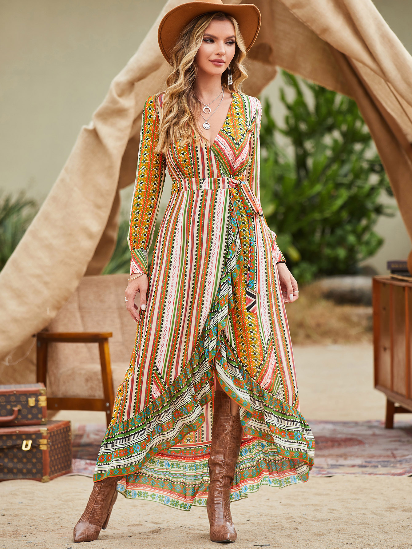 Bohemian V-Neck Tie Waist Patchwork Maxi Dress W-33492