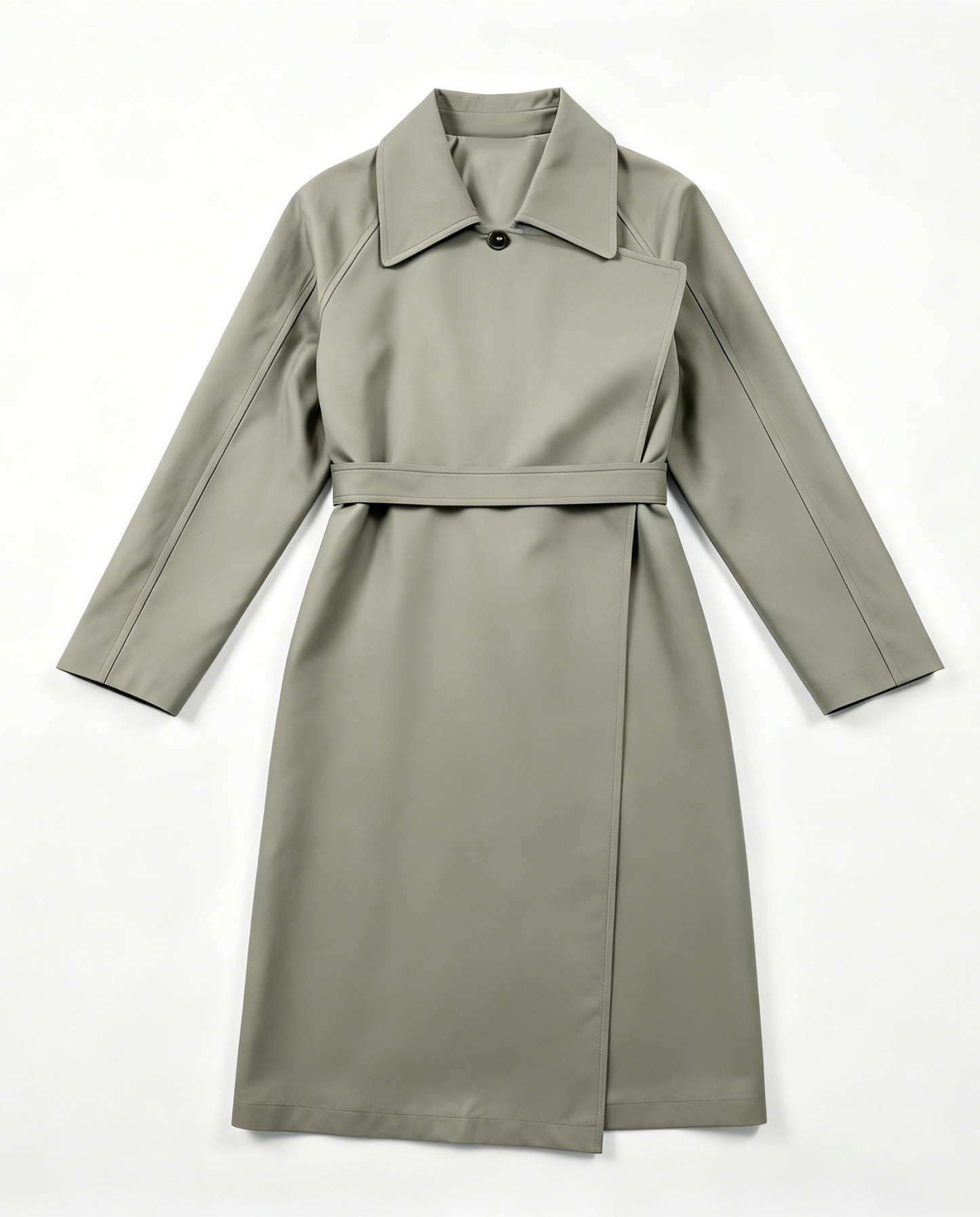 Minimalist Sage Green Midi Trench - Belted Wrap Relaxed Fit Coat  57790