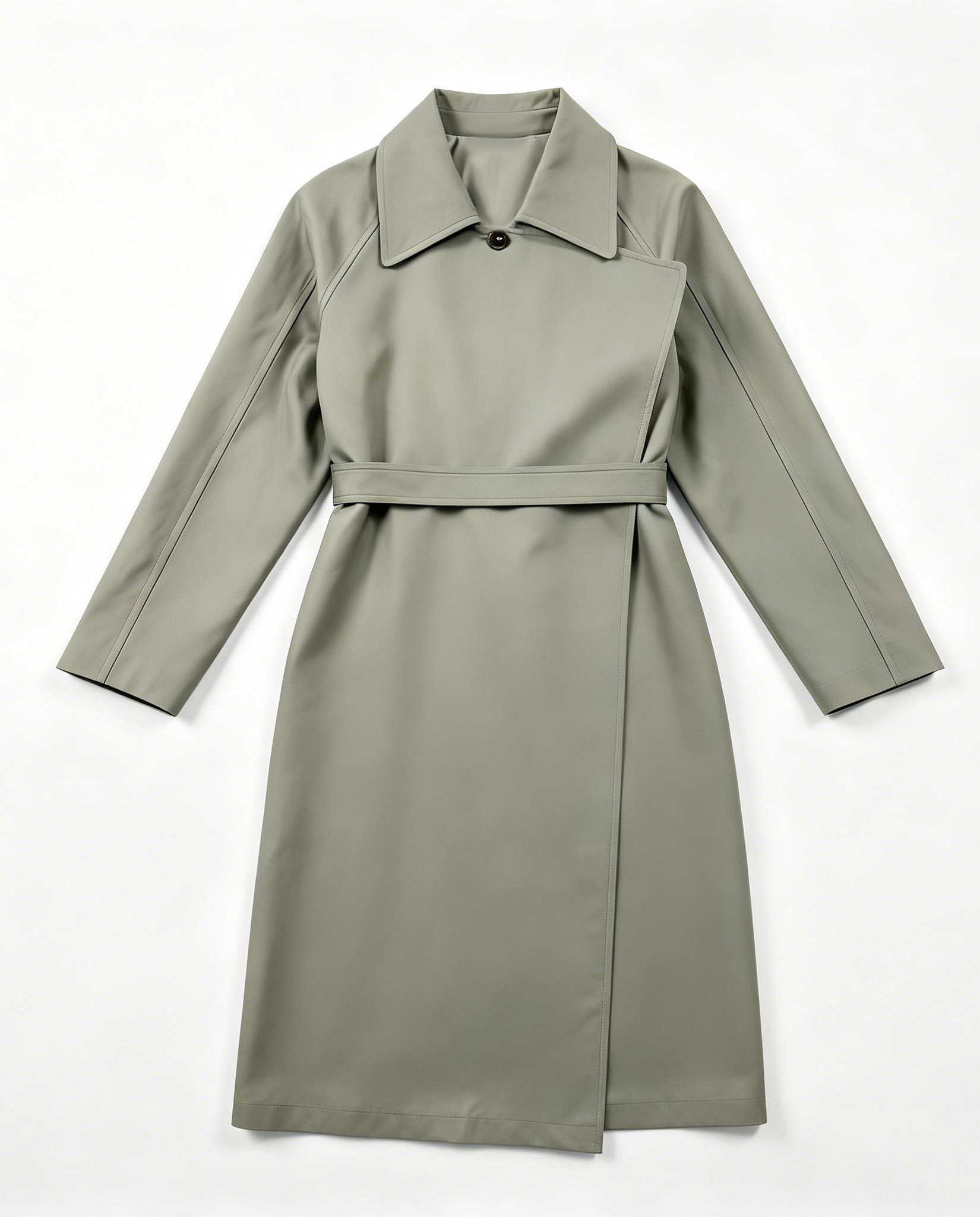 Minimalist Sage Green Midi Trench - Belted Wrap Relaxed Fit Coat  57790