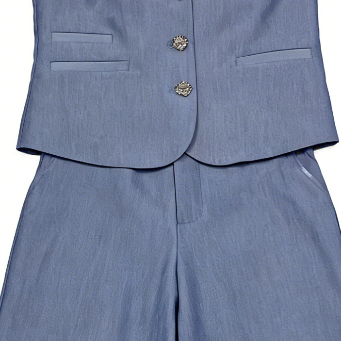 Light Blue Denim-Look Sleeveless Vest Wide Leg Pants Set - Office Two Piece Outfit