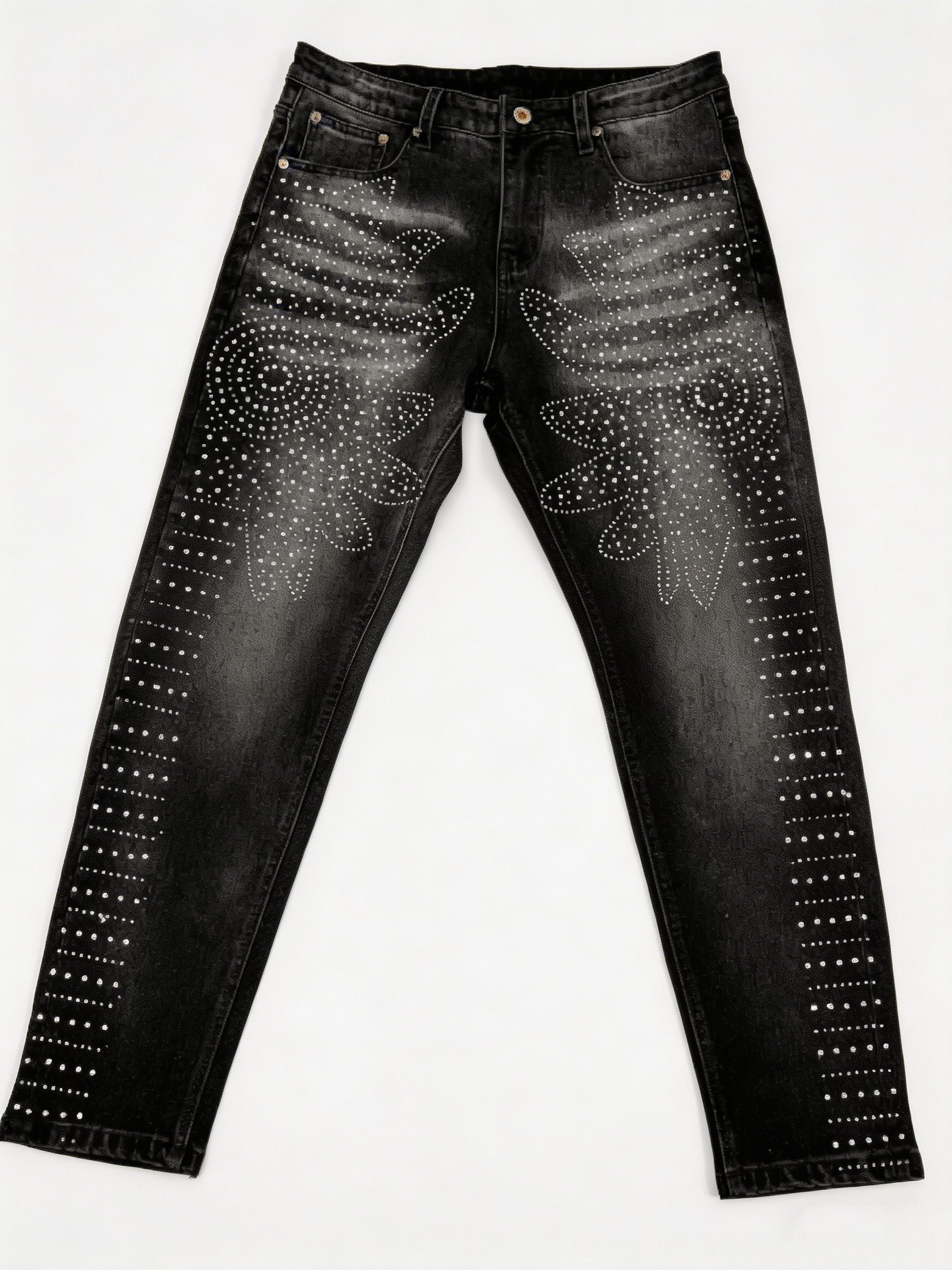 Hot Fix Rhinestone Pattern Washed Black Straight Jeans for Women ZY6067