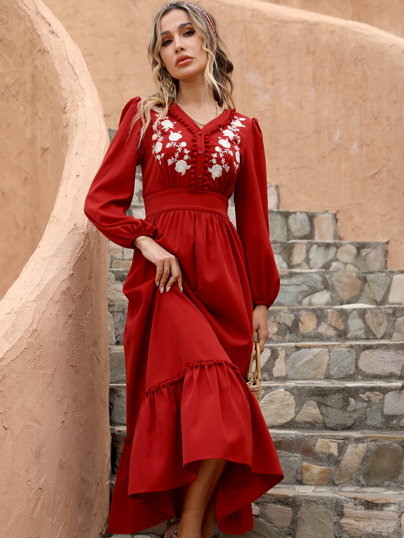 Women’s Vintage Boho Embroidered Midi Dress – Long Sleeve V-Neck Ruffle Hem D-34101