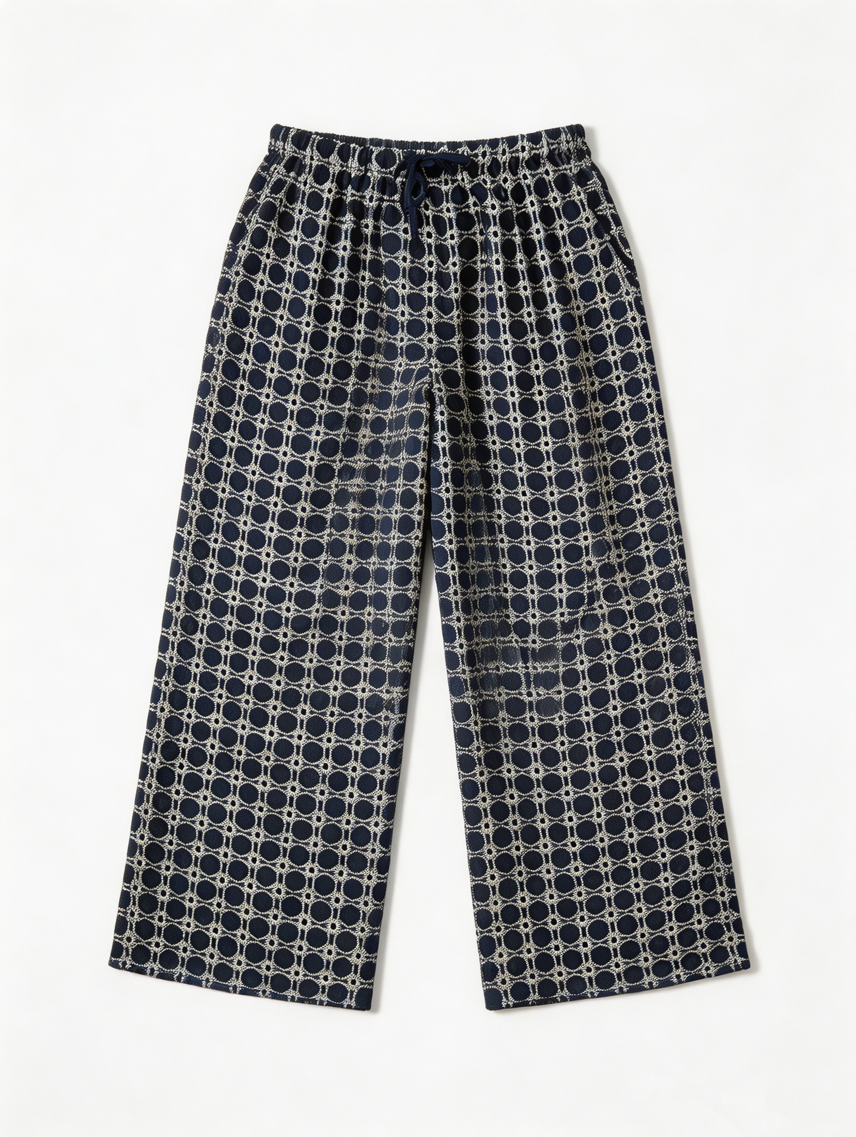 Women's Navy Geometric Circle Print Wide Leg Pants - Drawstring Waist Trousers  AN-710013
