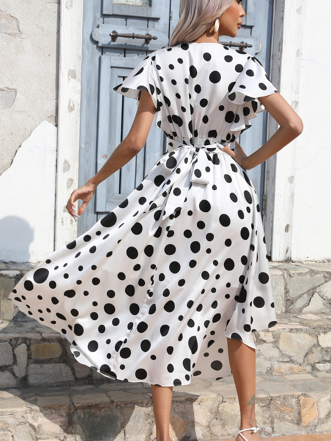 Women Summer Polka Dot V Neck Flutter Sleeve Asymmetrical Midi Dress W-34432