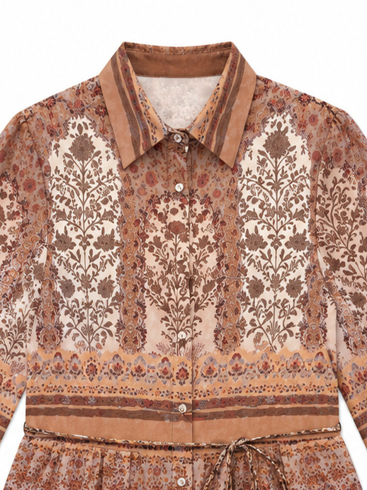 Women's Boho Paisley Print Belted Midi Shirt Dress A-43049