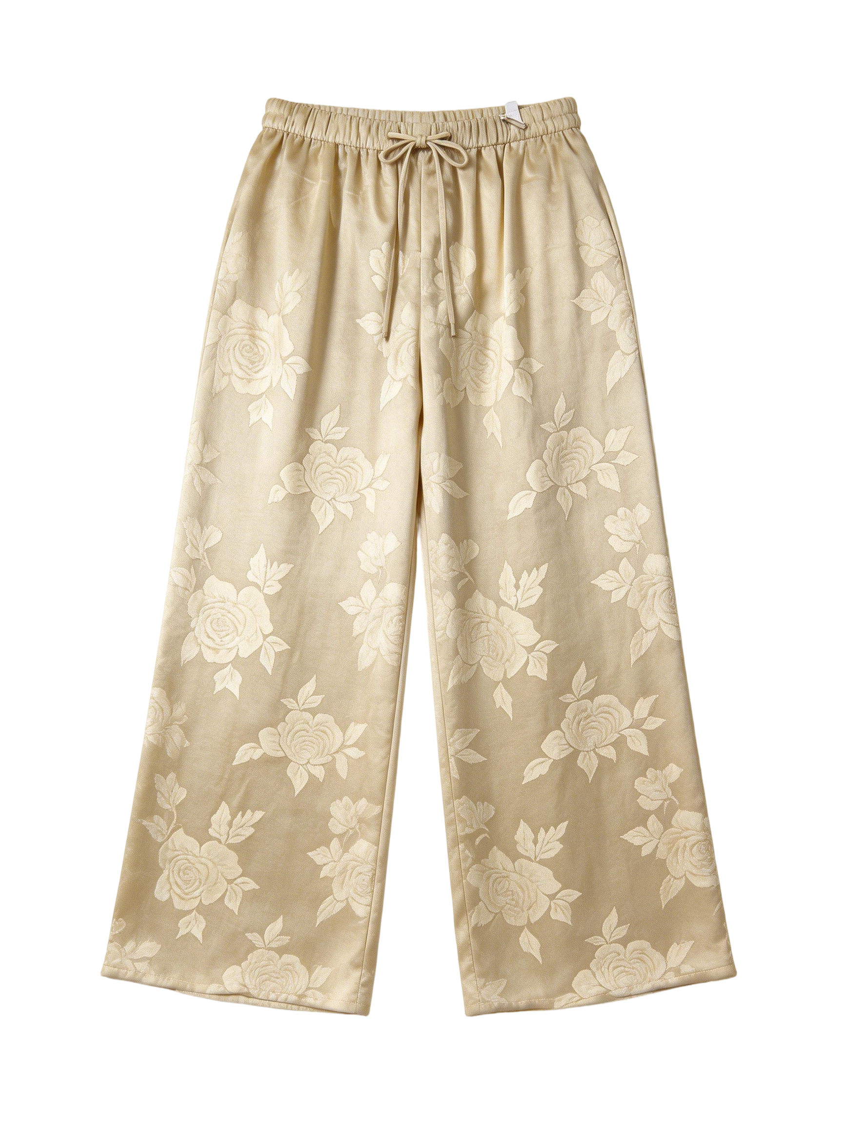 Women's Champagne Satin Wide Leg Pants - Rose Jacquard Drawstring Waist Trousers W-38546