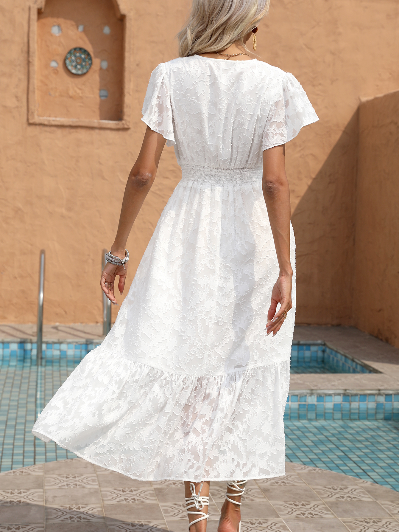 Women’s White Lace V-Neck Boho Resort Midi Dress D-34505