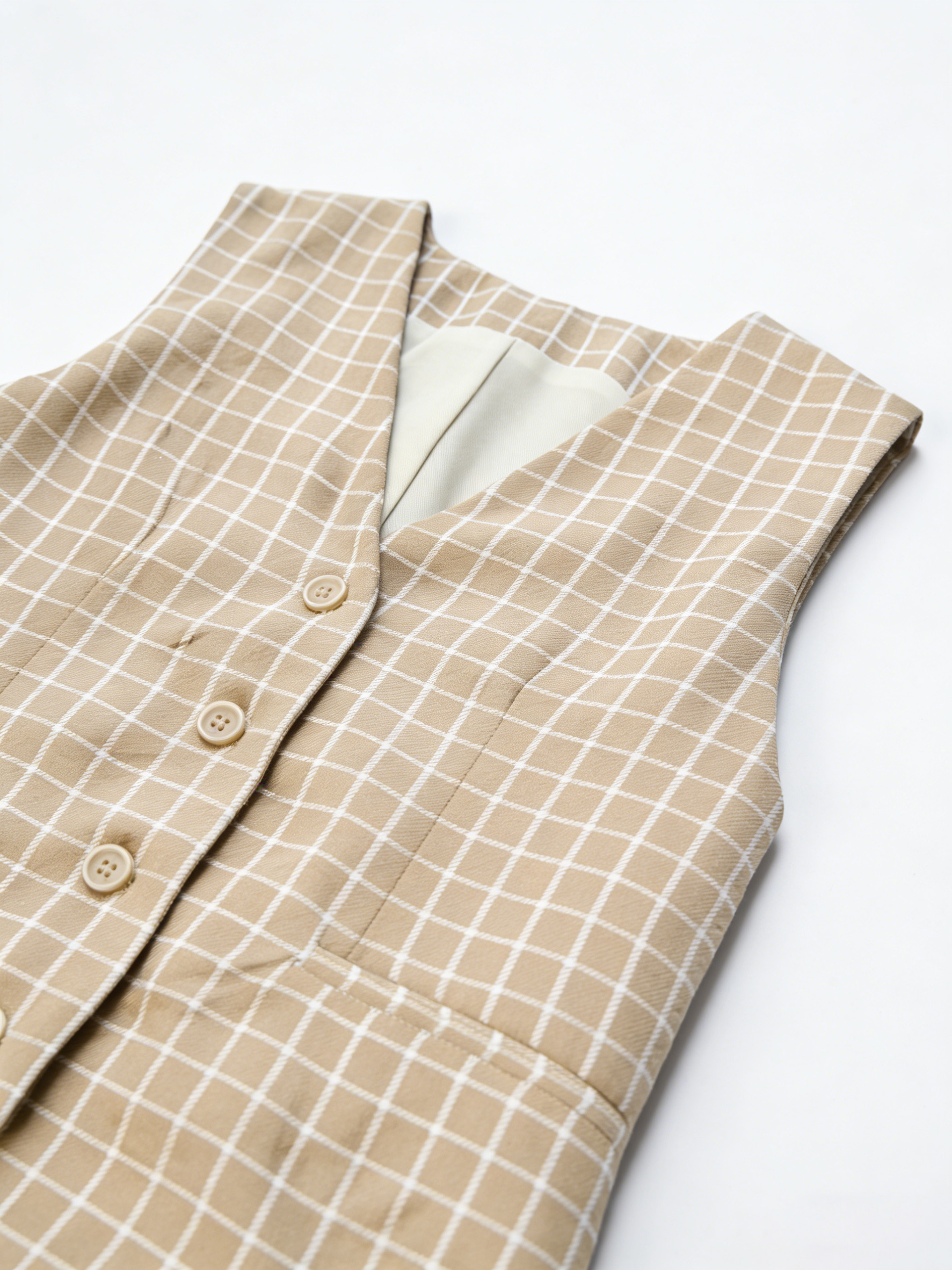 Chic Beige Check Co-ord Set - Tailored Vest & High Waist Trousers  A-42111A+A-42112