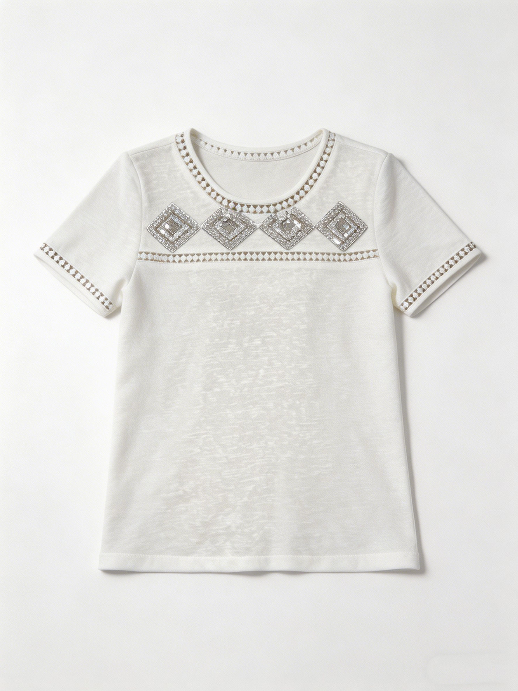 Luxury Embellished Silver Sequin Slub Top Hollow Out Detail Summer Tee M-42175