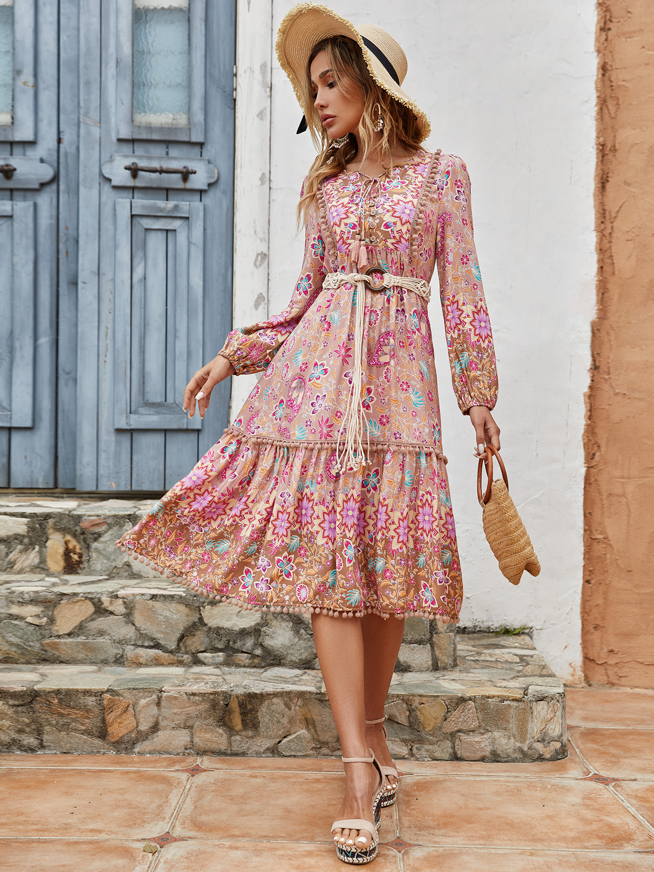 Women’s Boho Floral Mini Dress with Long Sleeves & Tassel Tie – Resort Style D-33392