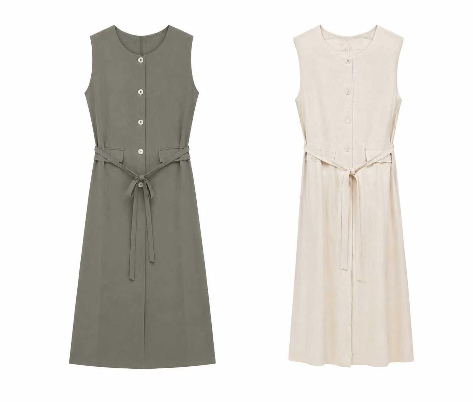 Quiet Luxury Linen Look Sleeveless Button Down Midi Dress with Belt AN-121011