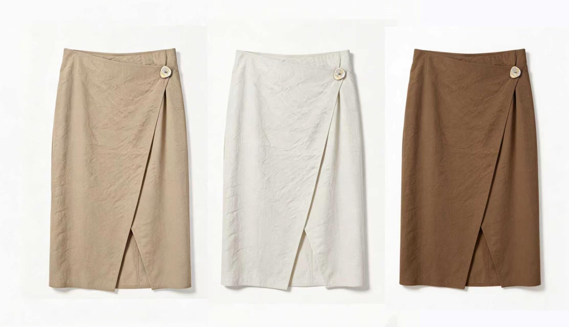 English: Minimalist Linen-Blend Wrap Midi Skirt with Asymmetrical Button AN-620037