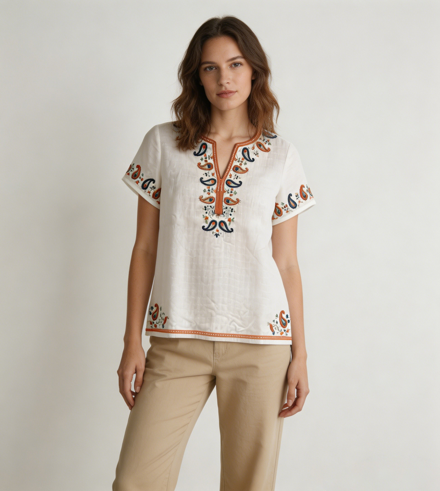 White Paisley Embroidered V-Neck Short Sleeve Top - Boho Ethnic Blouse AN-650010