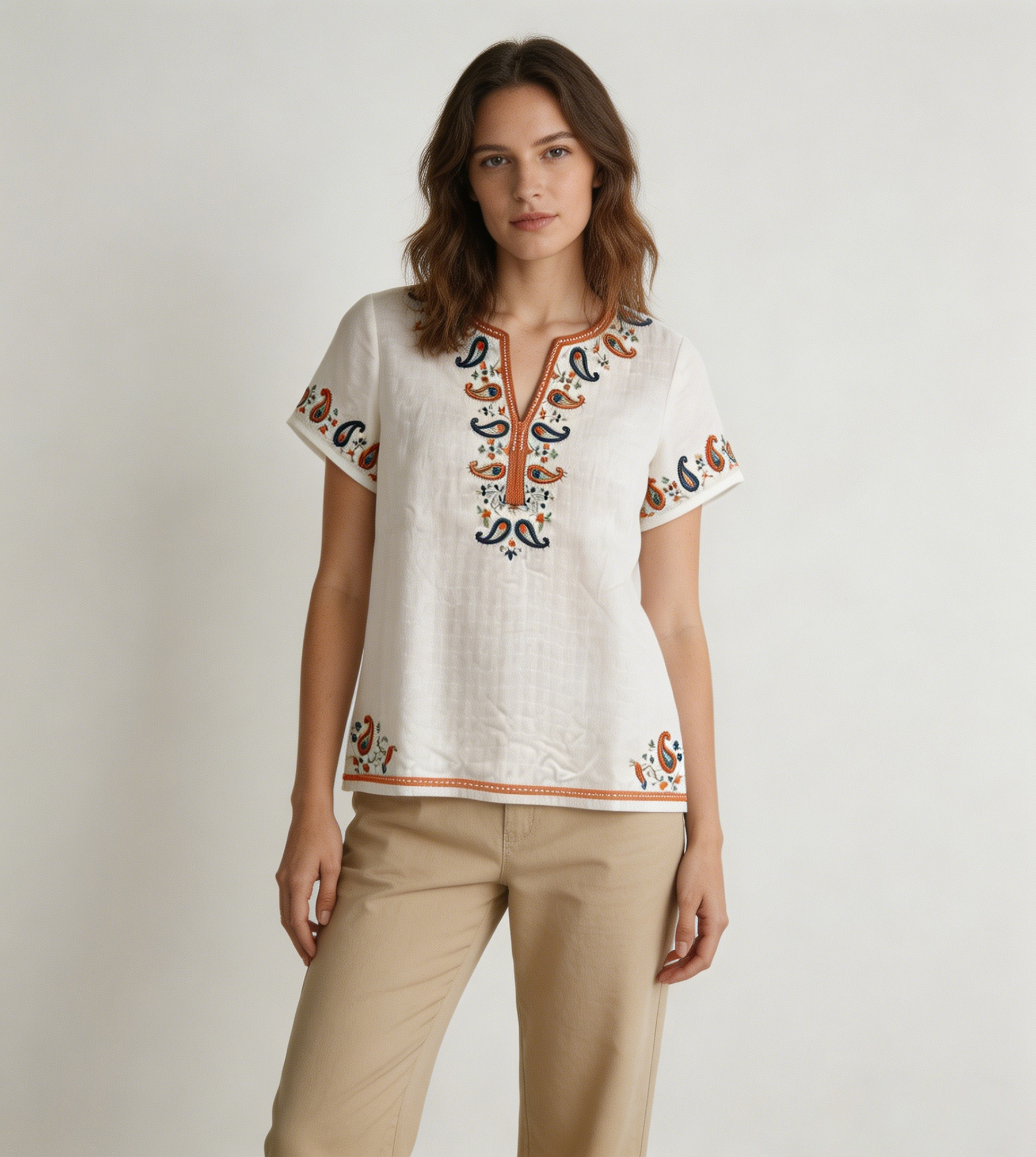 White Paisley Embroidered V-Neck Short Sleeve Top - Boho Ethnic Blouse AN-650010