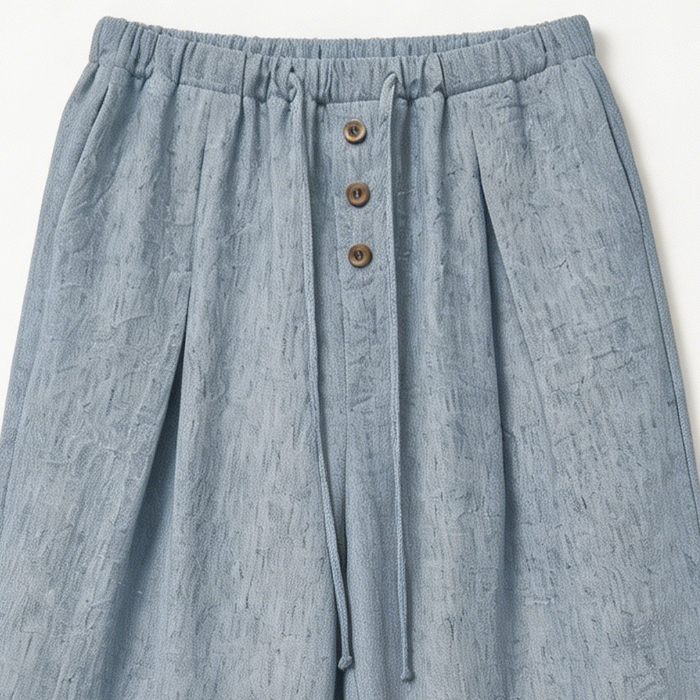 Summer Casual Linen-Look Wide Leg Pants with Button Drawstring A-42030
